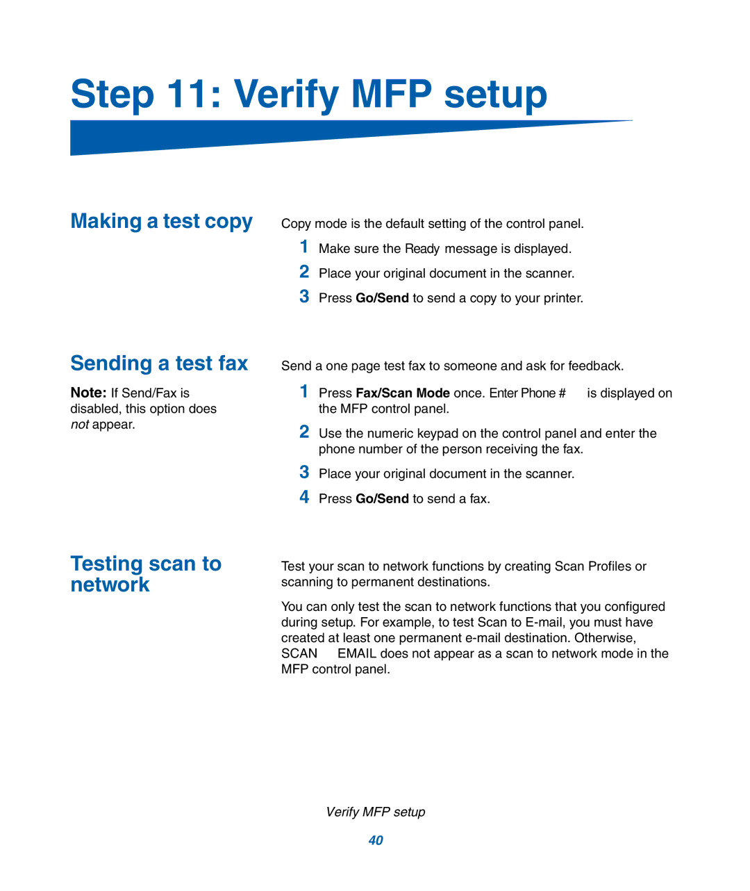 IBM M22 MFP manual Verify MFP setup, Sending a test fax, Testing scan to network 