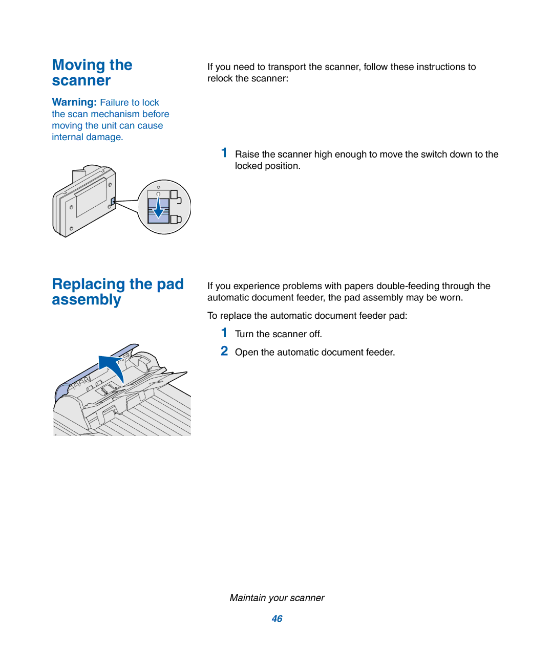 IBM M22 MFP manual Moving the scanner Replacing the pad assembly 