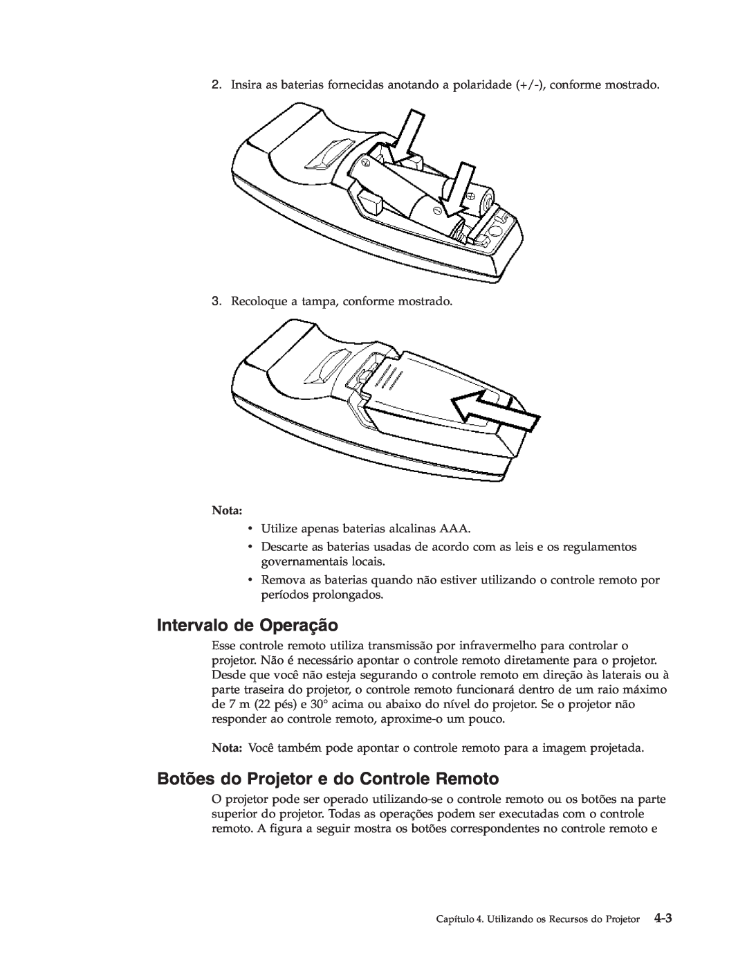 IBM M400 manual Intervalo de Operação, Botões do Projetor e do Controle Remoto, Nota 