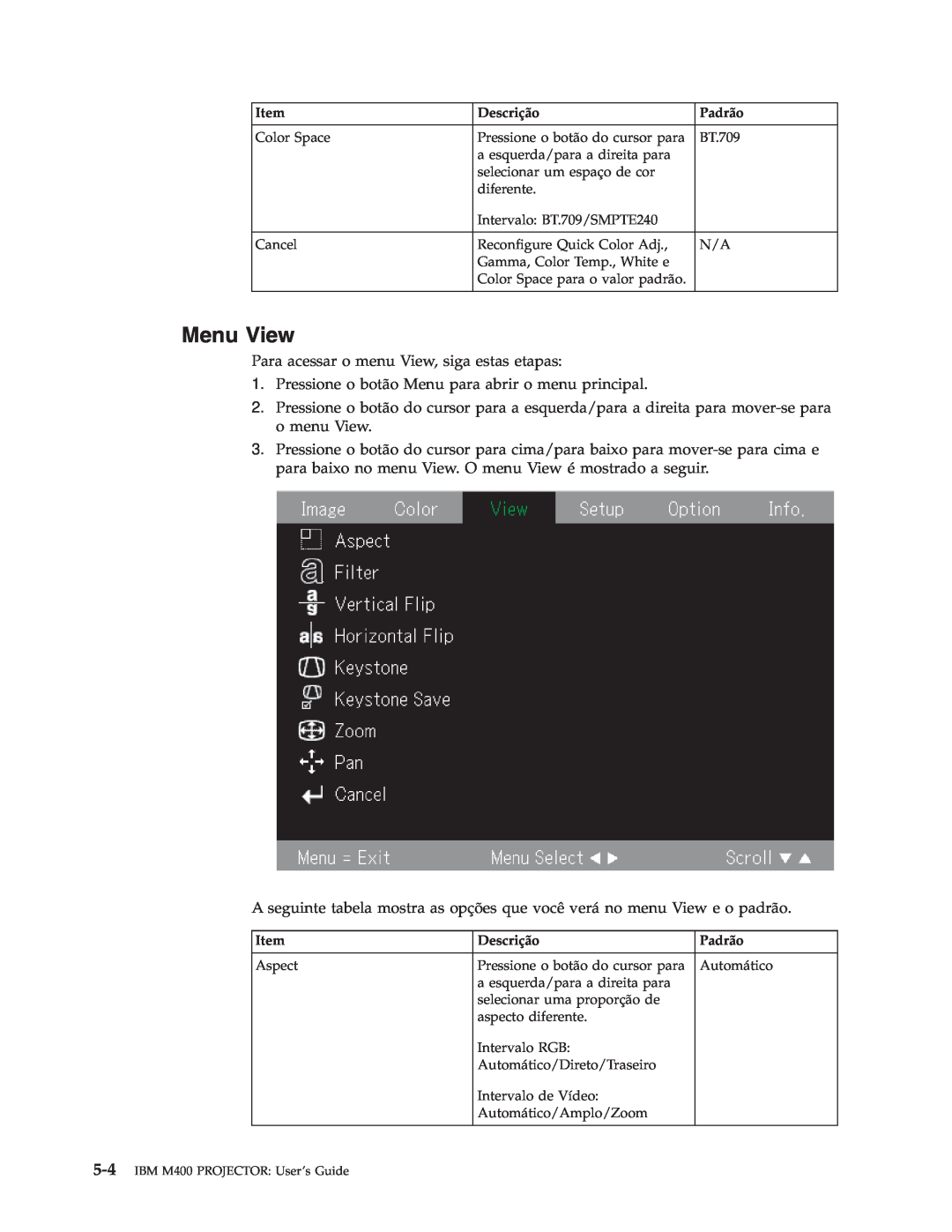 IBM manual Menu View, IBM M400 PROJECTOR User’s Guide 