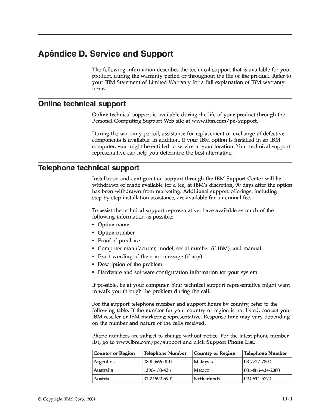 IBM M400 manual Apêndice D. Service and Support, Online technical support, Telephone technical support 