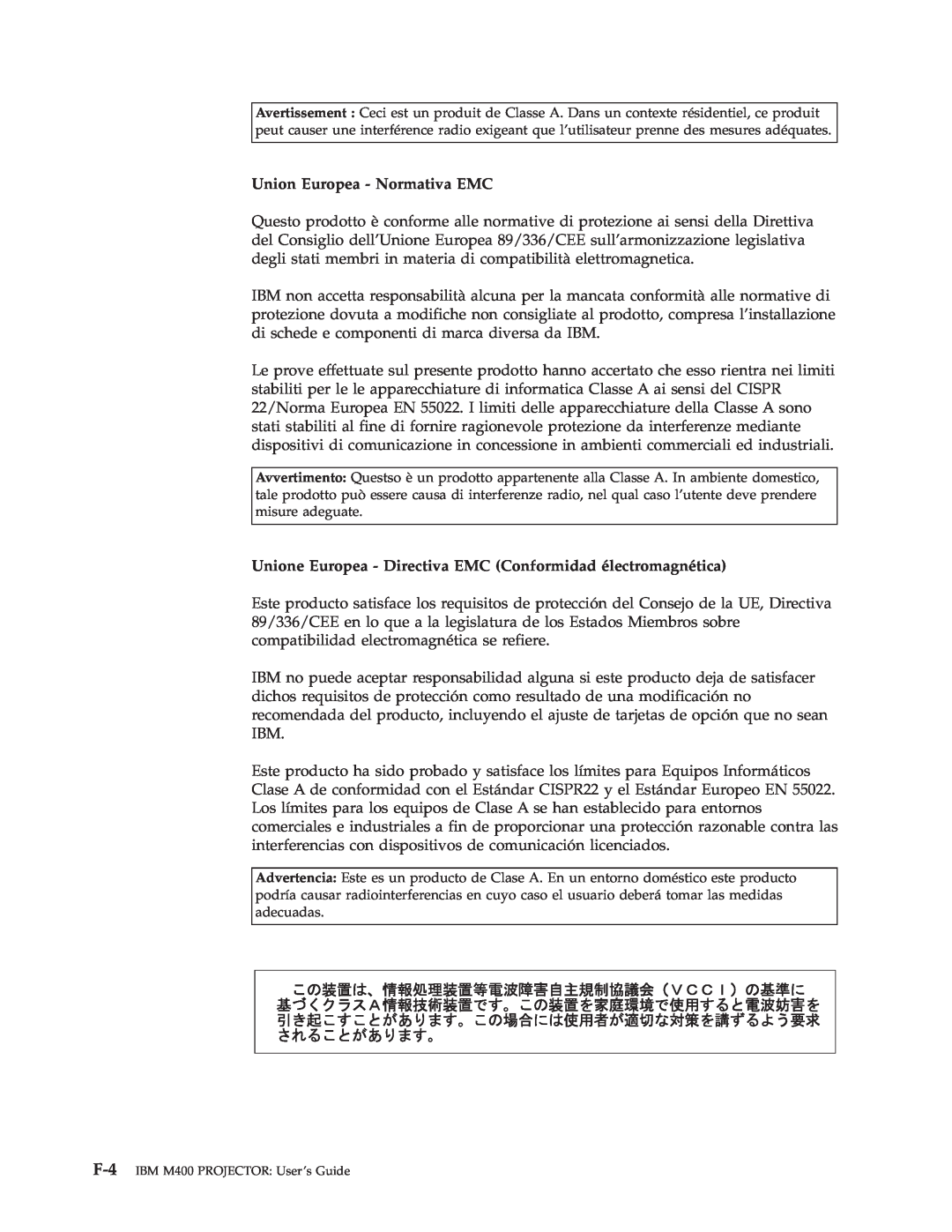 IBM M400 manual Union Europea - Normativa EMC, Unione Europea - Directiva EMC Conformidad électromagnética 