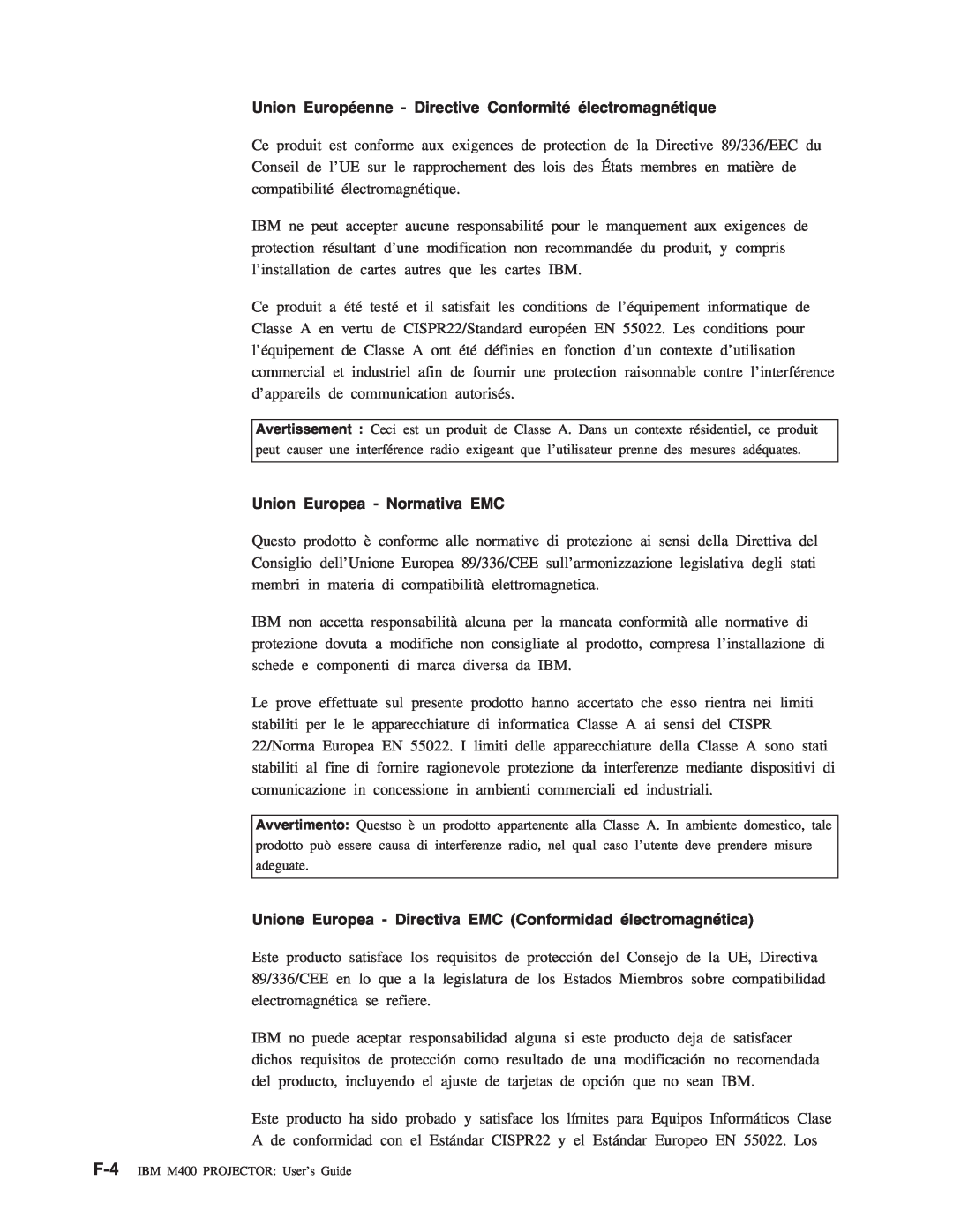 IBM M400 manual Union Européenne - Directive Conformité électromagnétique, Union Europea - Normativa EMC 