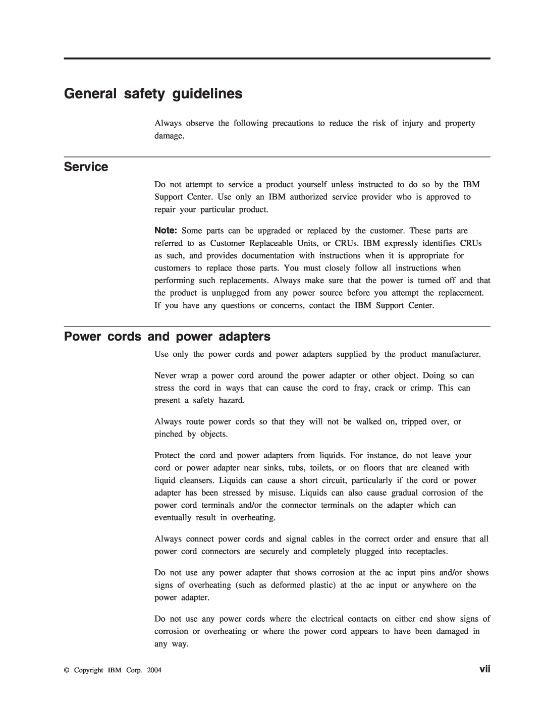 IBM M400 manual General safety guidelines, Service, Power cords and power adapters 