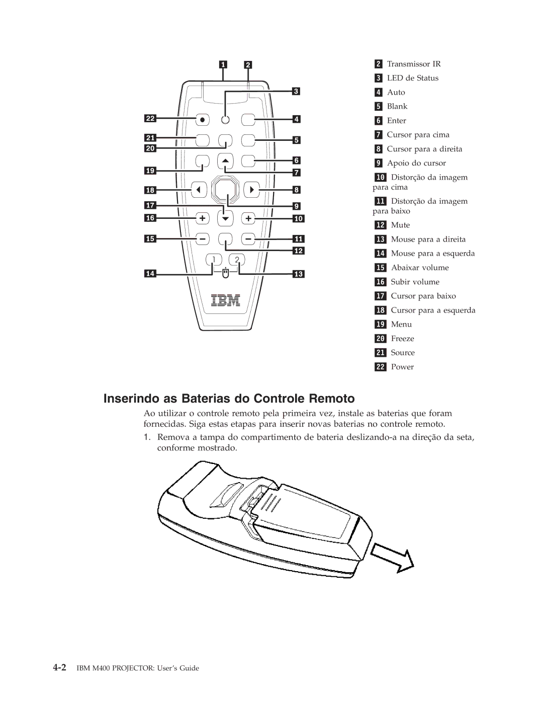 IBM M400 manual Inserindo as Baterias do Controle Remoto 