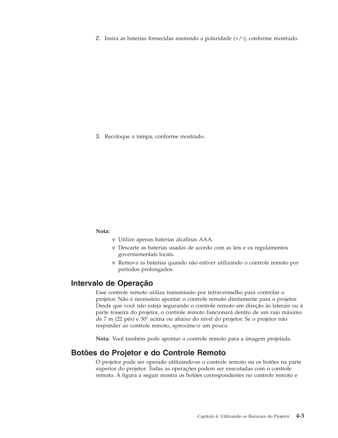 IBM M400 manual Intervalo de Operação, Botões do Projetor e do Controle Remoto 