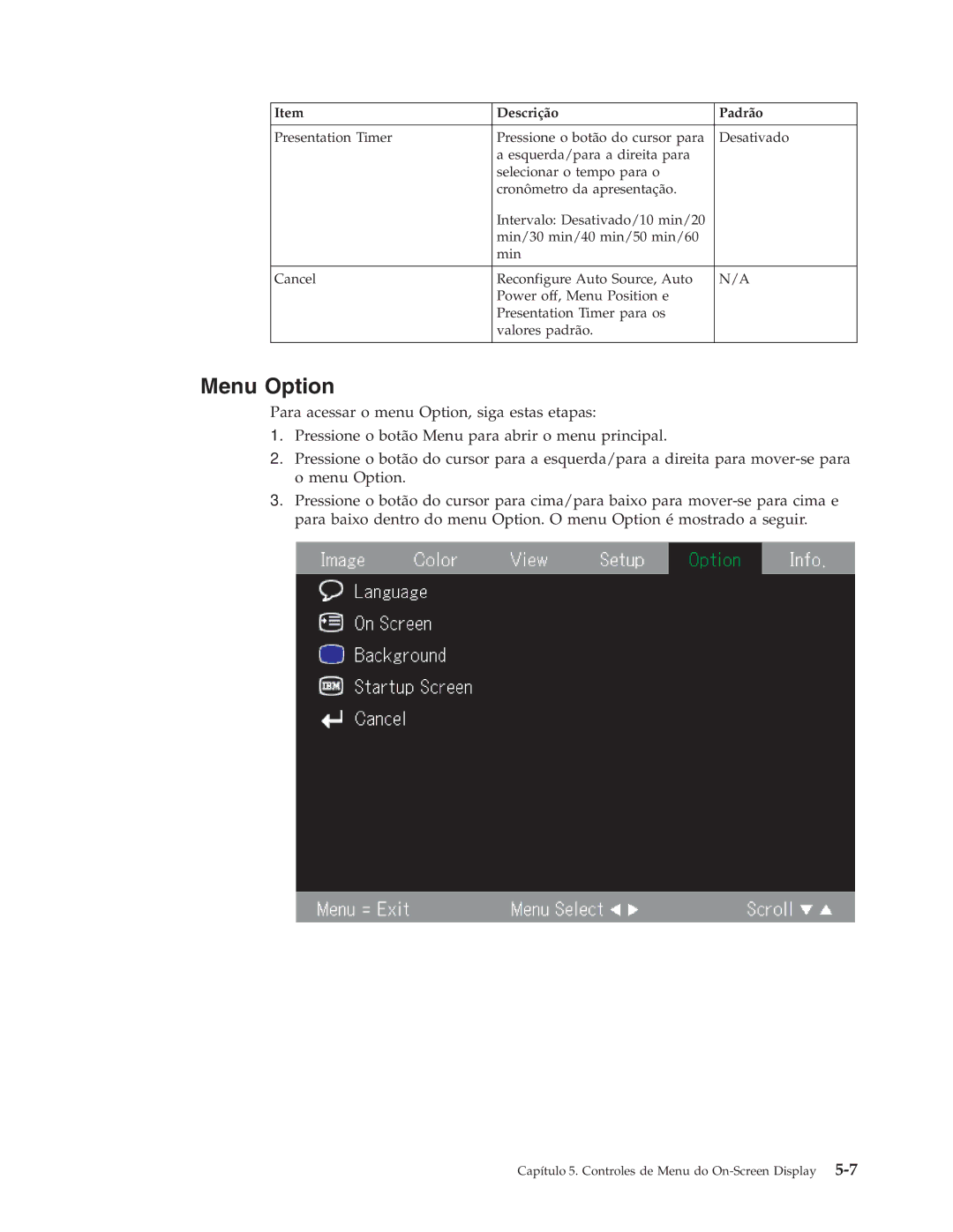 IBM M400 manual Menu Option 