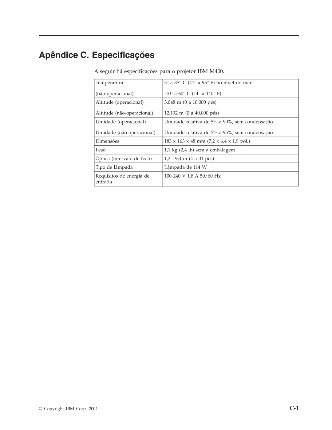 IBM manual Apêndice C. Especificações, Seguir há especificações para o projetor IBM M400 