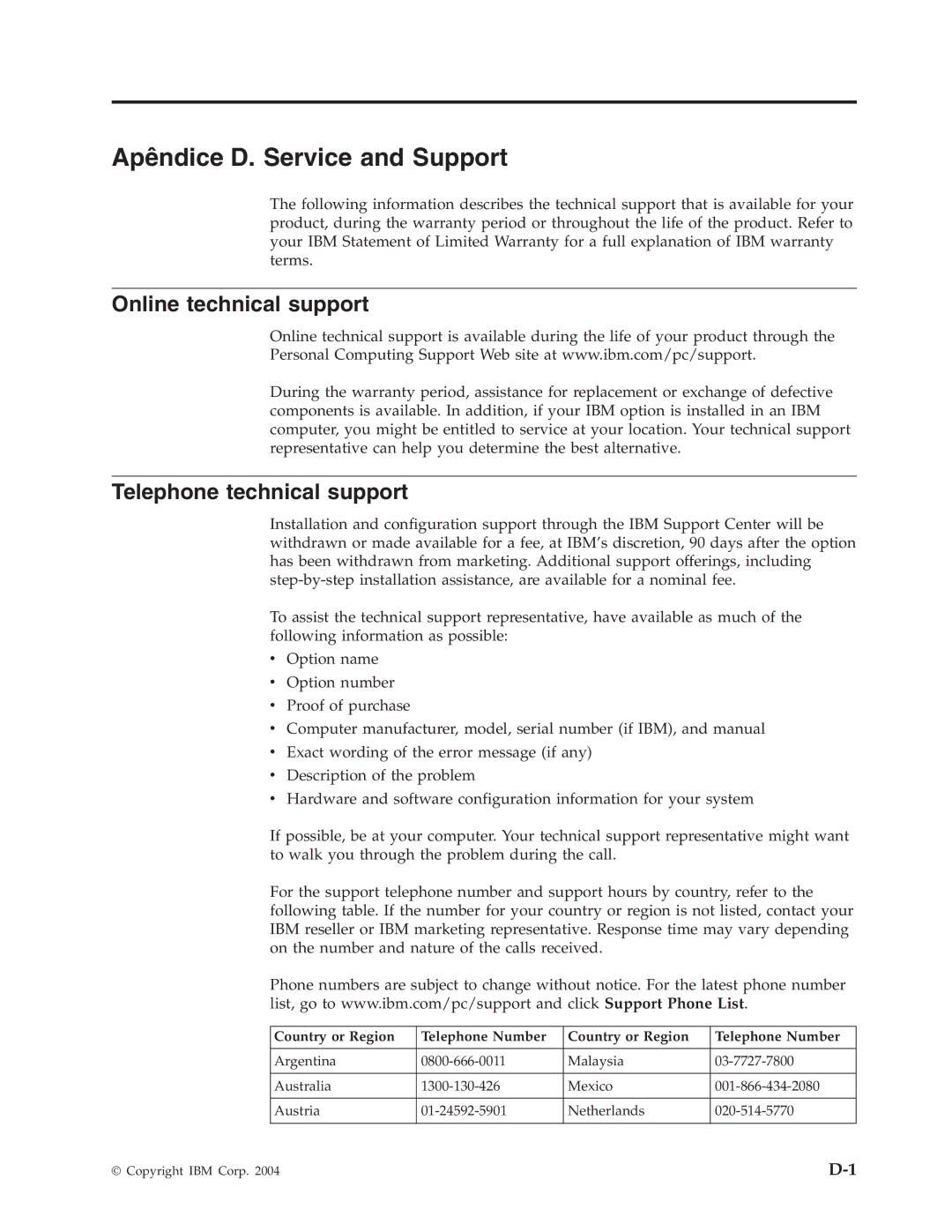 IBM M400 manual Apêndice D. Service and Support, Online technical support, Telephone technical support 