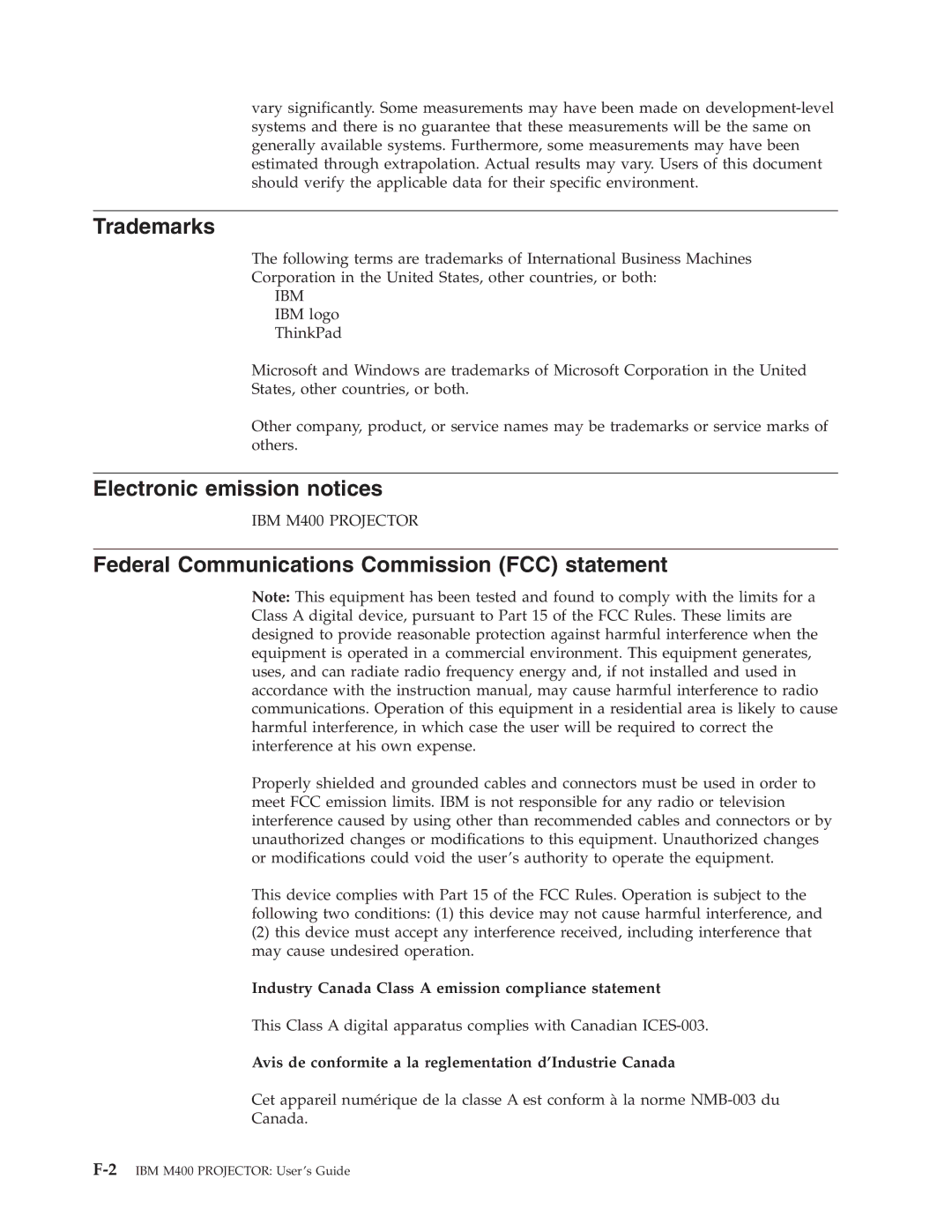 IBM M400 manual Trademarks, Electronic emission notices, Federal Communications Commission FCC statement 