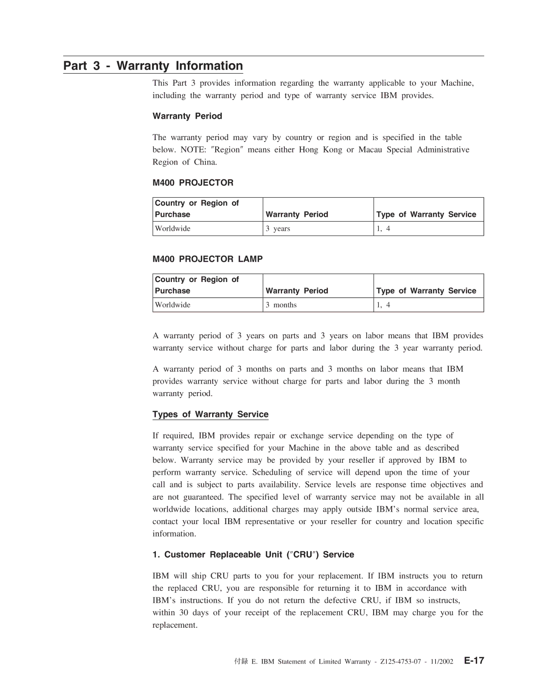 IBM manual Part 3 Warranty Information, M400 Projector Lamp 