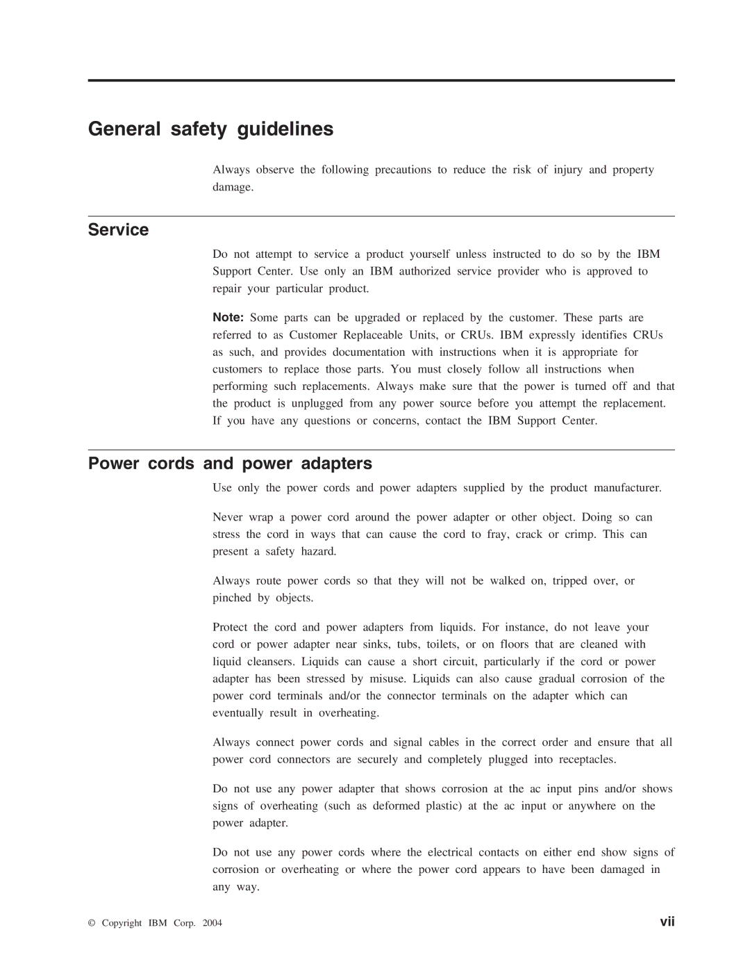 IBM M400 manual Service, Power cords and power adapters, Vii 