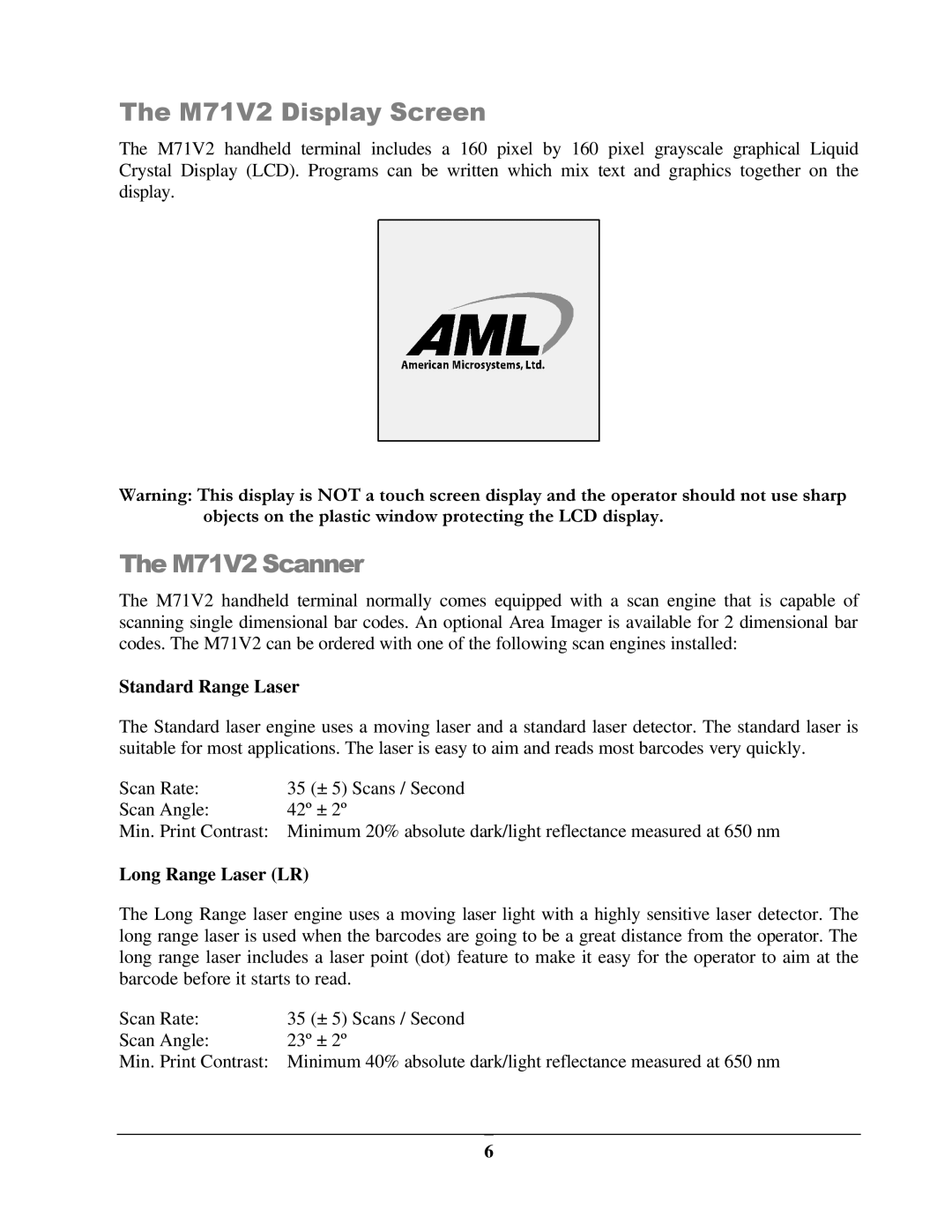 IBM manual M71V2 Display Screen, M71V2 Scanner, Standard Range Laser, Long Range Laser LR 