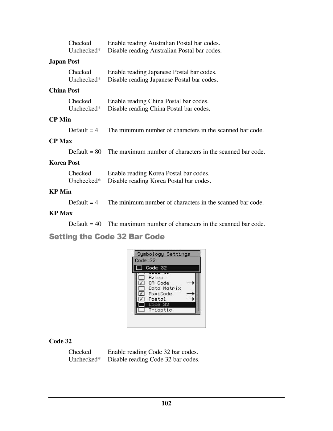 IBM M71V2 manual Setting the Code 32 Bar Code 