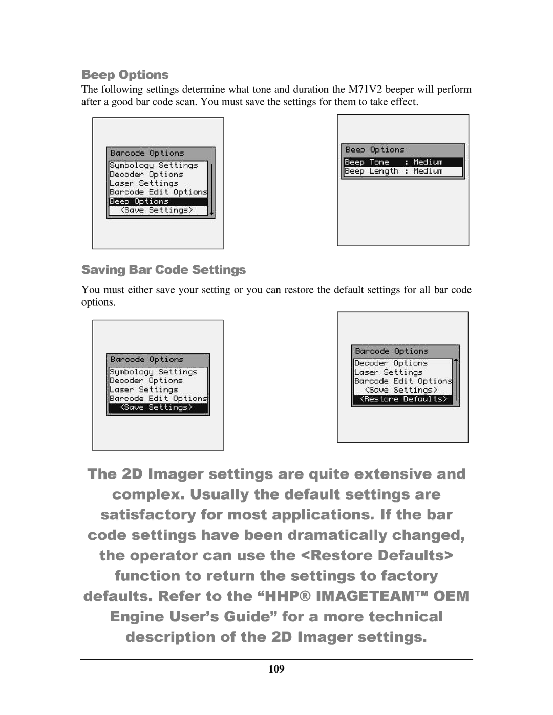 IBM M71V2 manual Beep Options, Saving Bar Code Settings, 109 