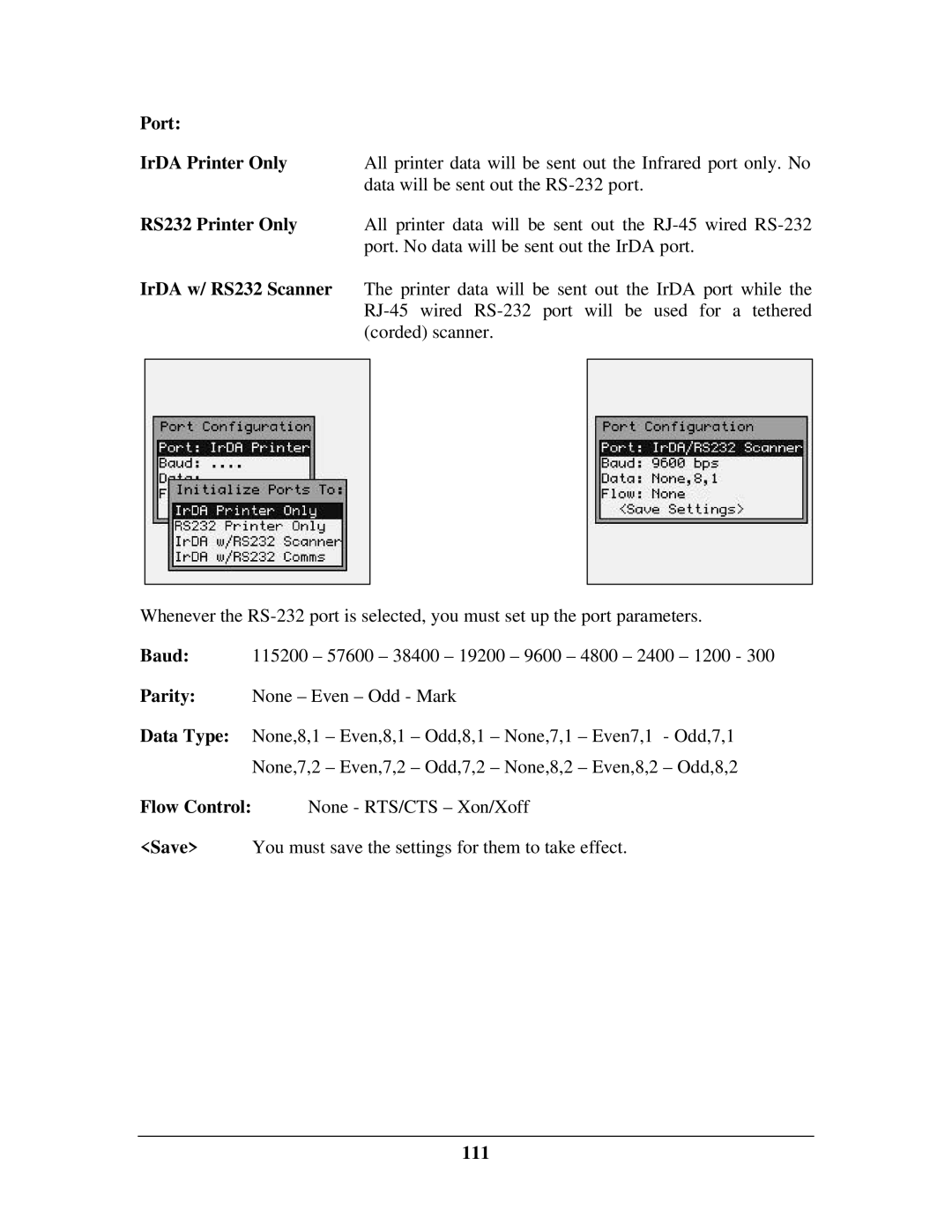 IBM M71V2 manual Port IrDA Printer Only, RS232 Printer Only, IrDA w/ RS232 Scanner, 111 