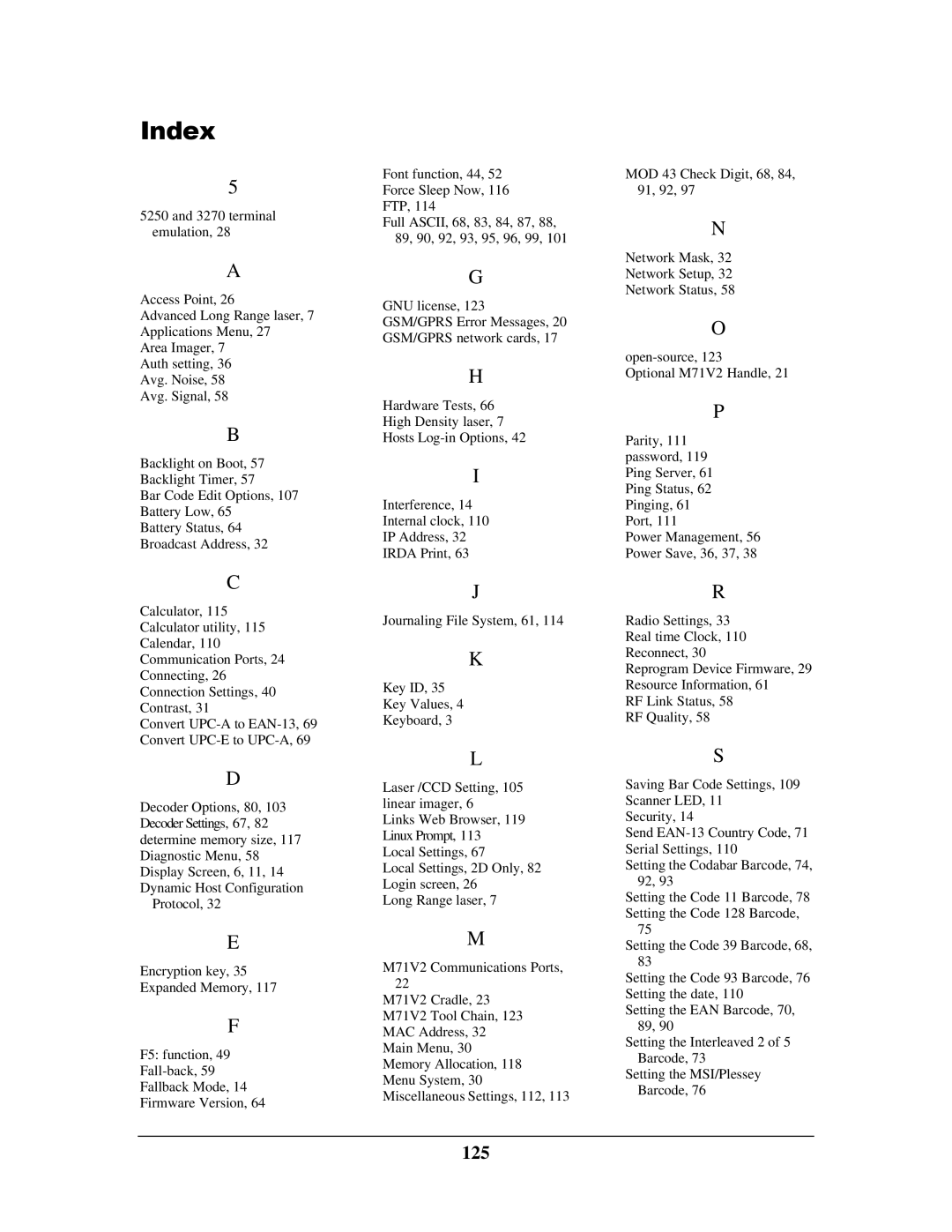 IBM M71V2 manual Index, 125 