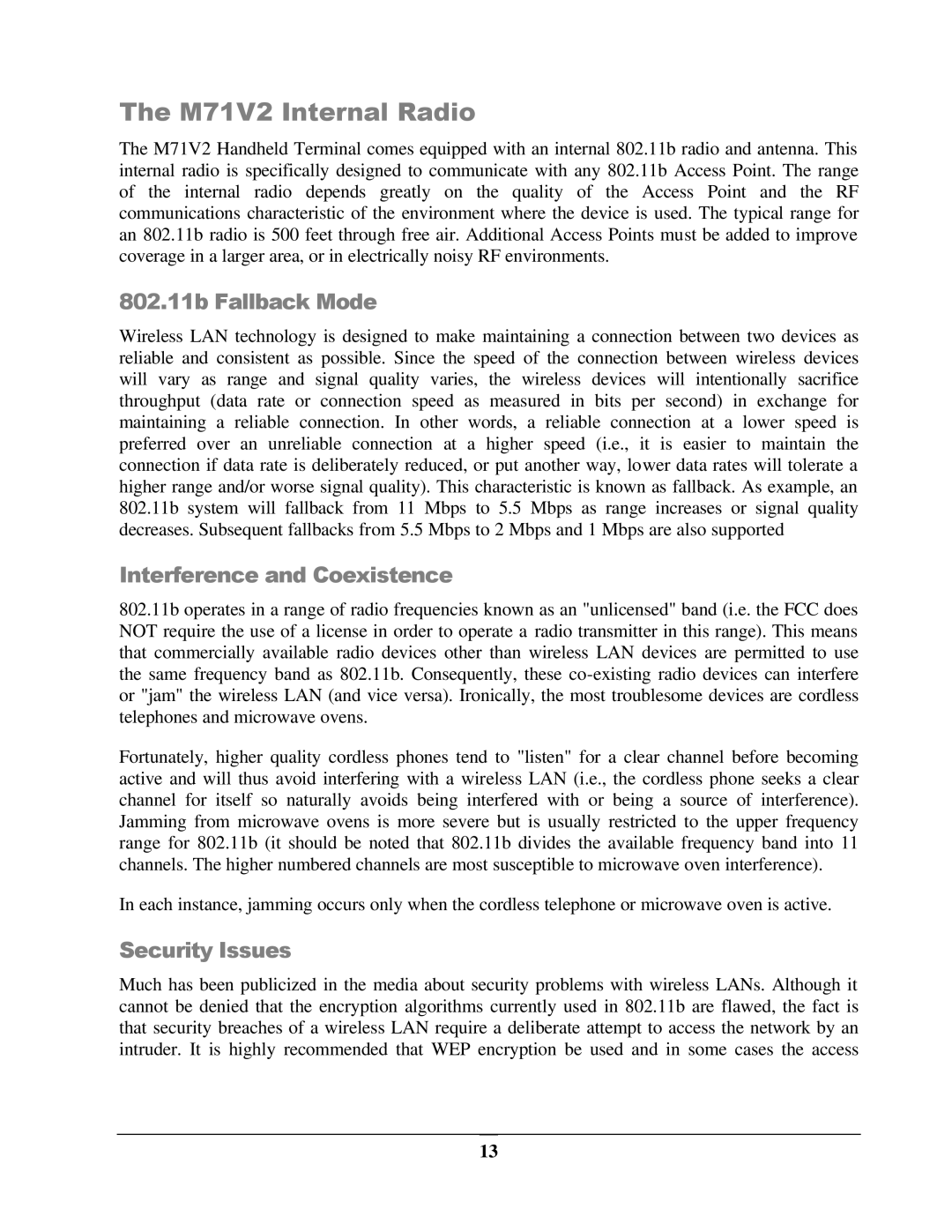 IBM manual M71V2 Internal Radio, 802.11b Fallback Mode, Interference and Coexistence, Security Issues 