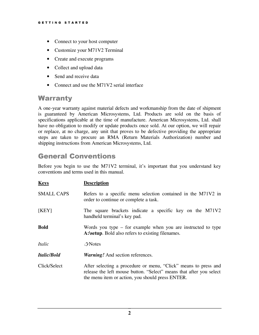 IBM M71V2 manual Warranty General Conventions, Keys Description, Bold 