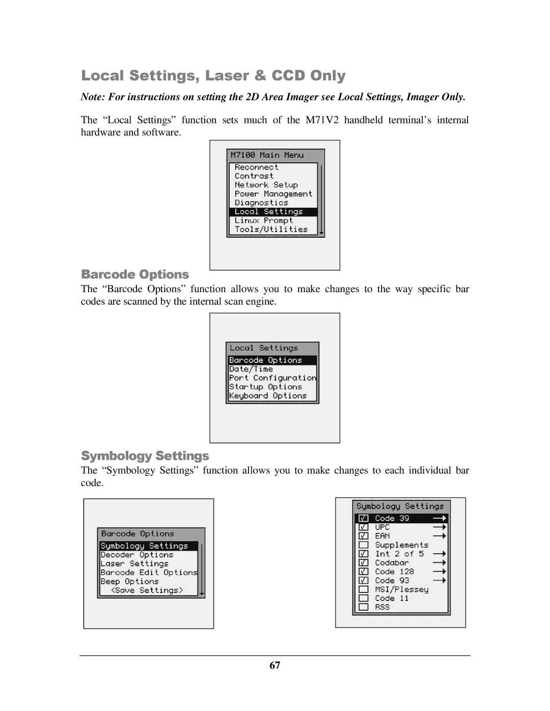 IBM M71V2 manual Local Settings, Laser & CCD Only, Barcode Options, Symbology Settings 