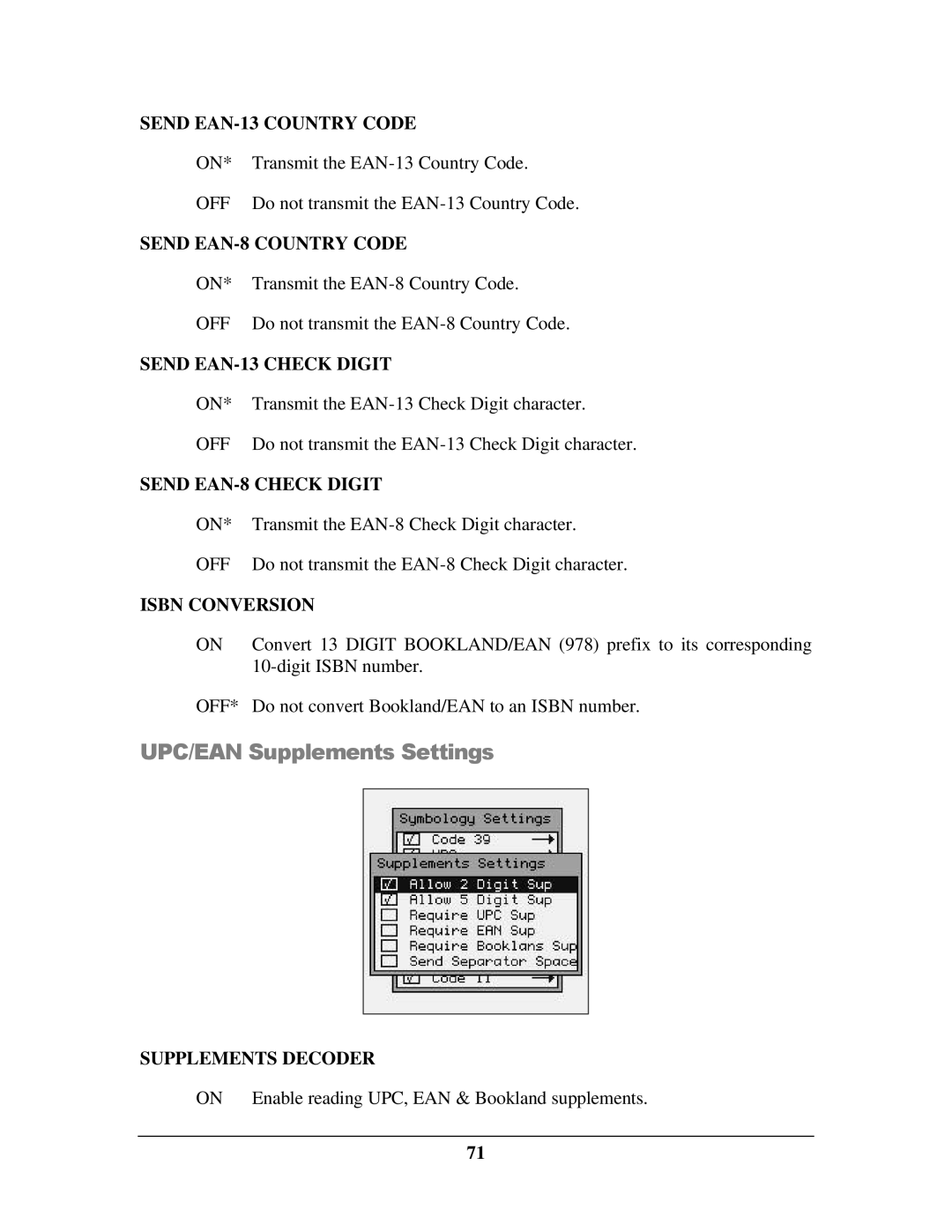 IBM M71V2 manual UPC/EAN Supplements Settings 