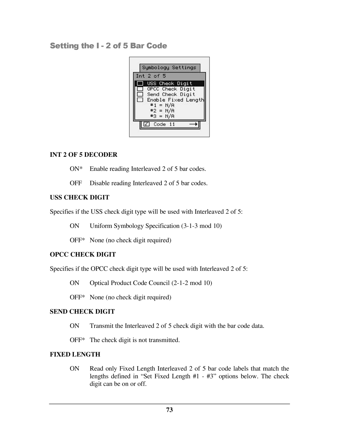 IBM M71V2 manual Setting the I 2 of 5 Bar Code, INT 2 of 5 Decoder, USS Check Digit, Opcc Check Digit, Fixed Length 