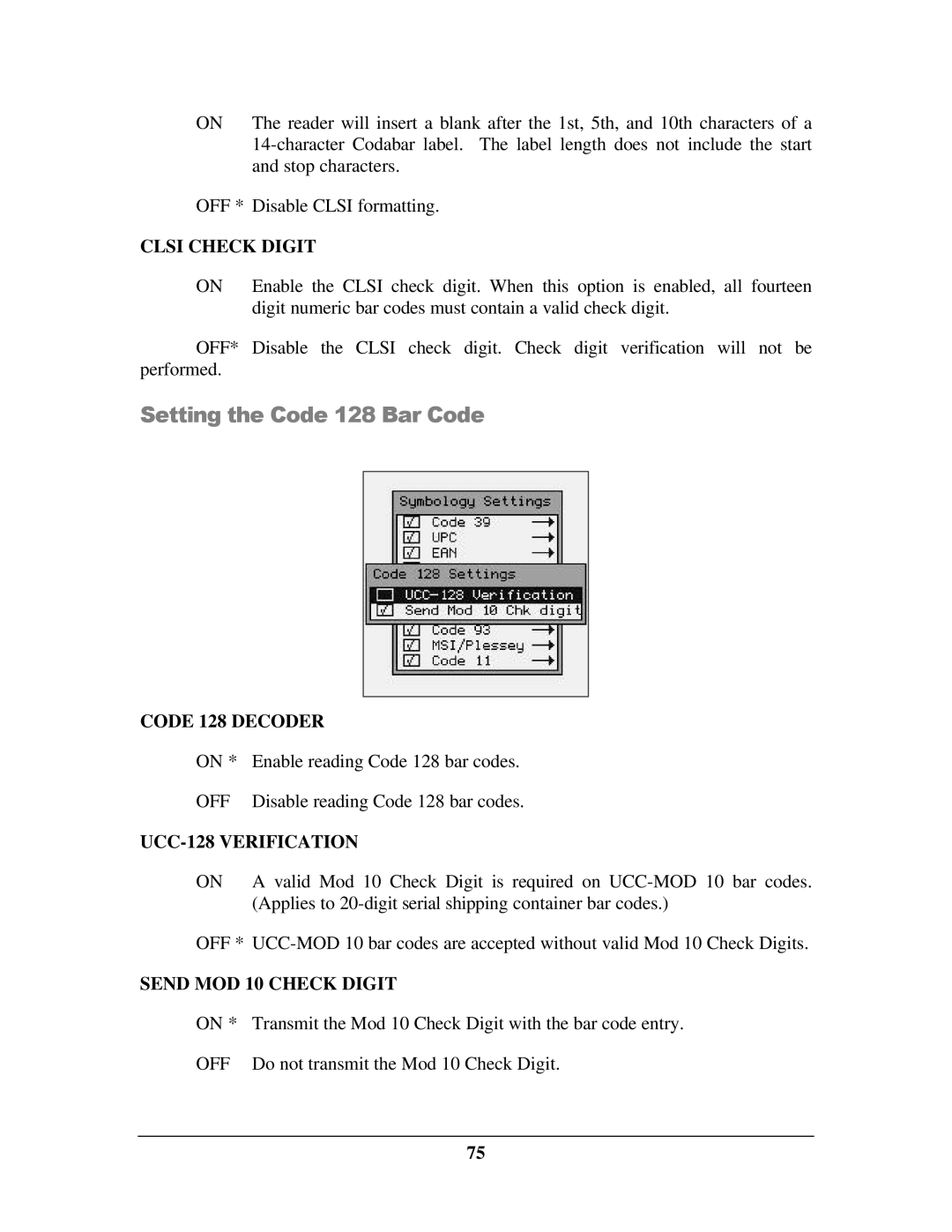 IBM M71V2 Setting the Code 128 Bar Code, Clsi Check Digit, Code 128 Decoder, UCC-128 Verification, Send MOD 10 Check Digit 