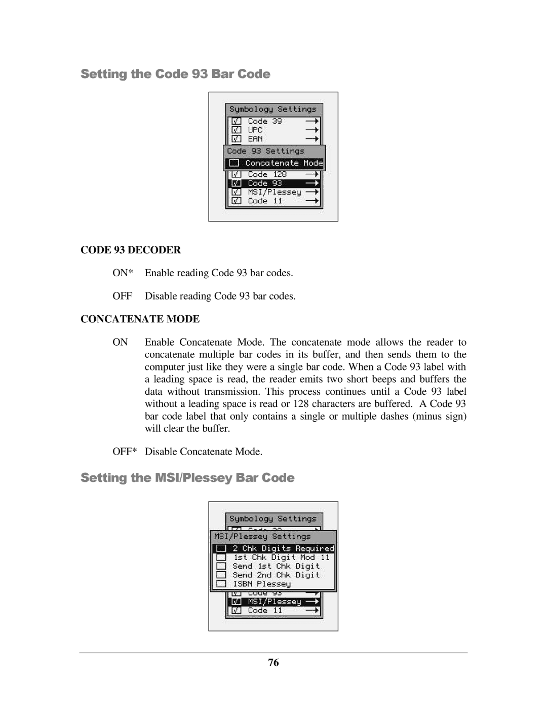 IBM M71V2 manual Setting the Code 93 Bar Code, Setting the MSI/Plessey Bar Code, Code 93 Decoder 