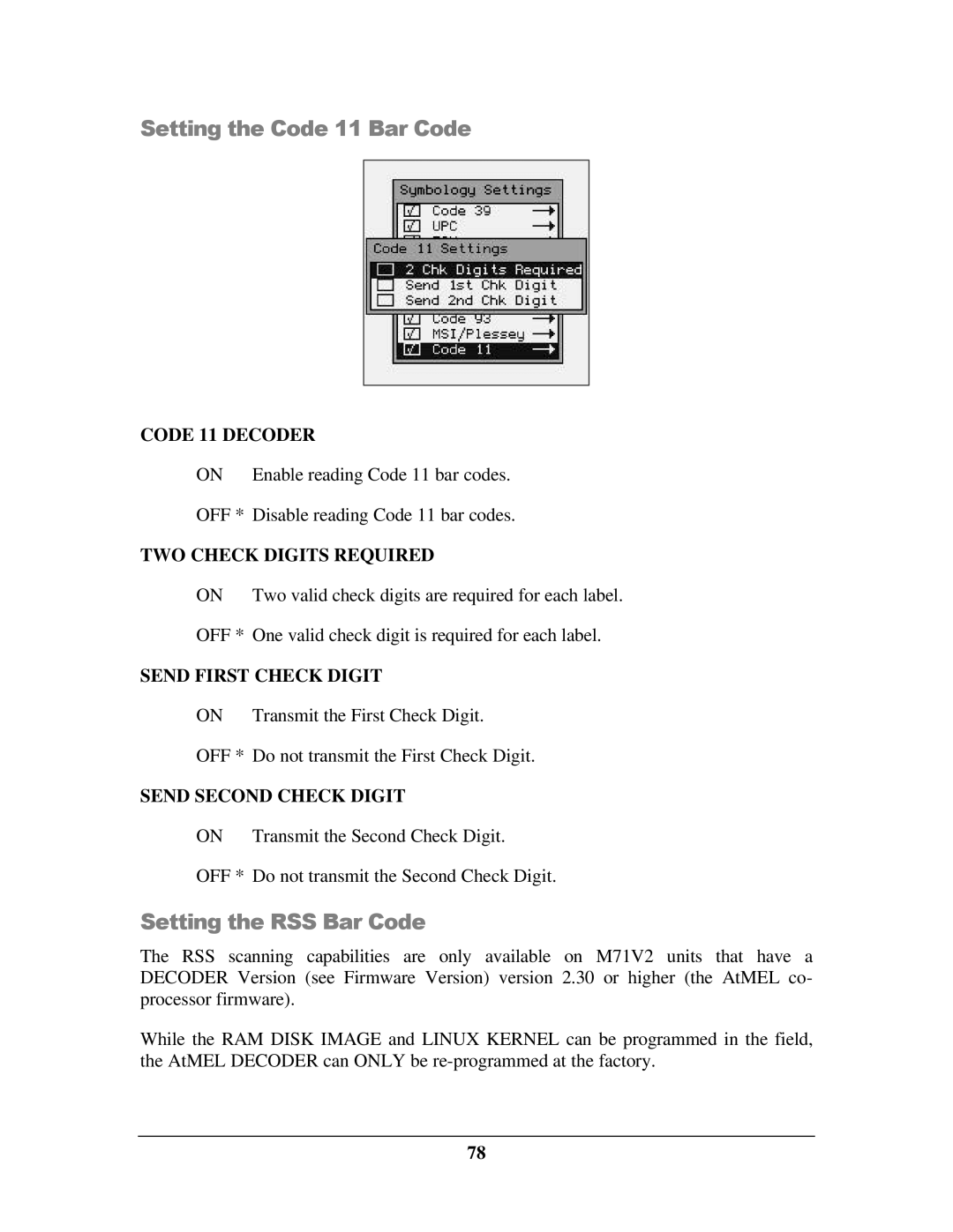 IBM M71V2 manual Setting the Code 11 Bar Code, Setting the RSS Bar Code, Code 11 Decoder 