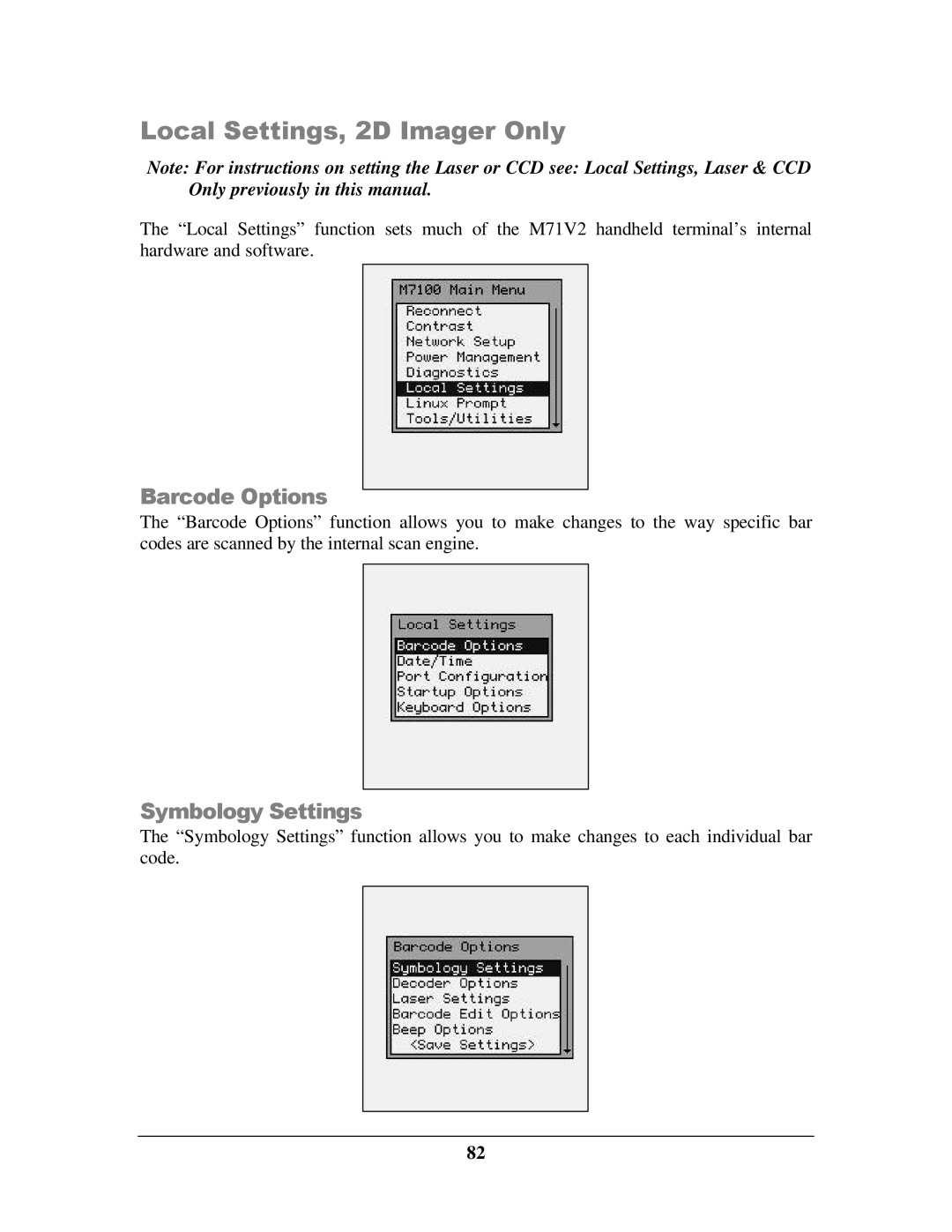 IBM M71V2 manual Local Settings, 2D Imager Only, Barcode Options 