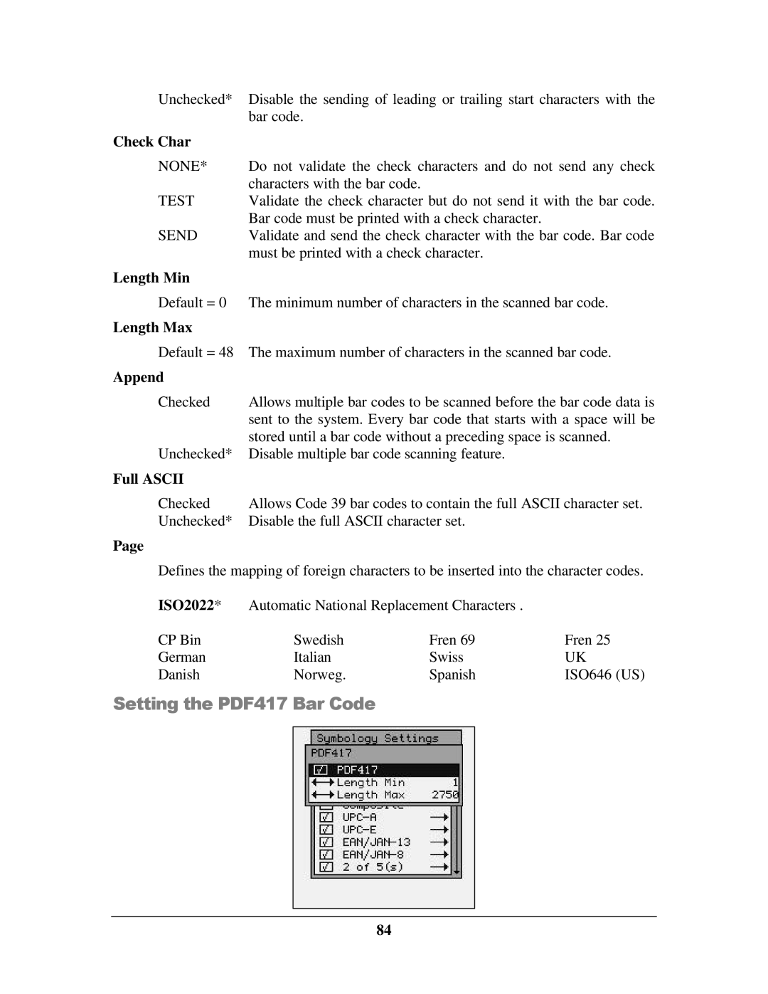 IBM M71V2 manual Check Char, Length Min, Length Max, Append, Full Ascii 