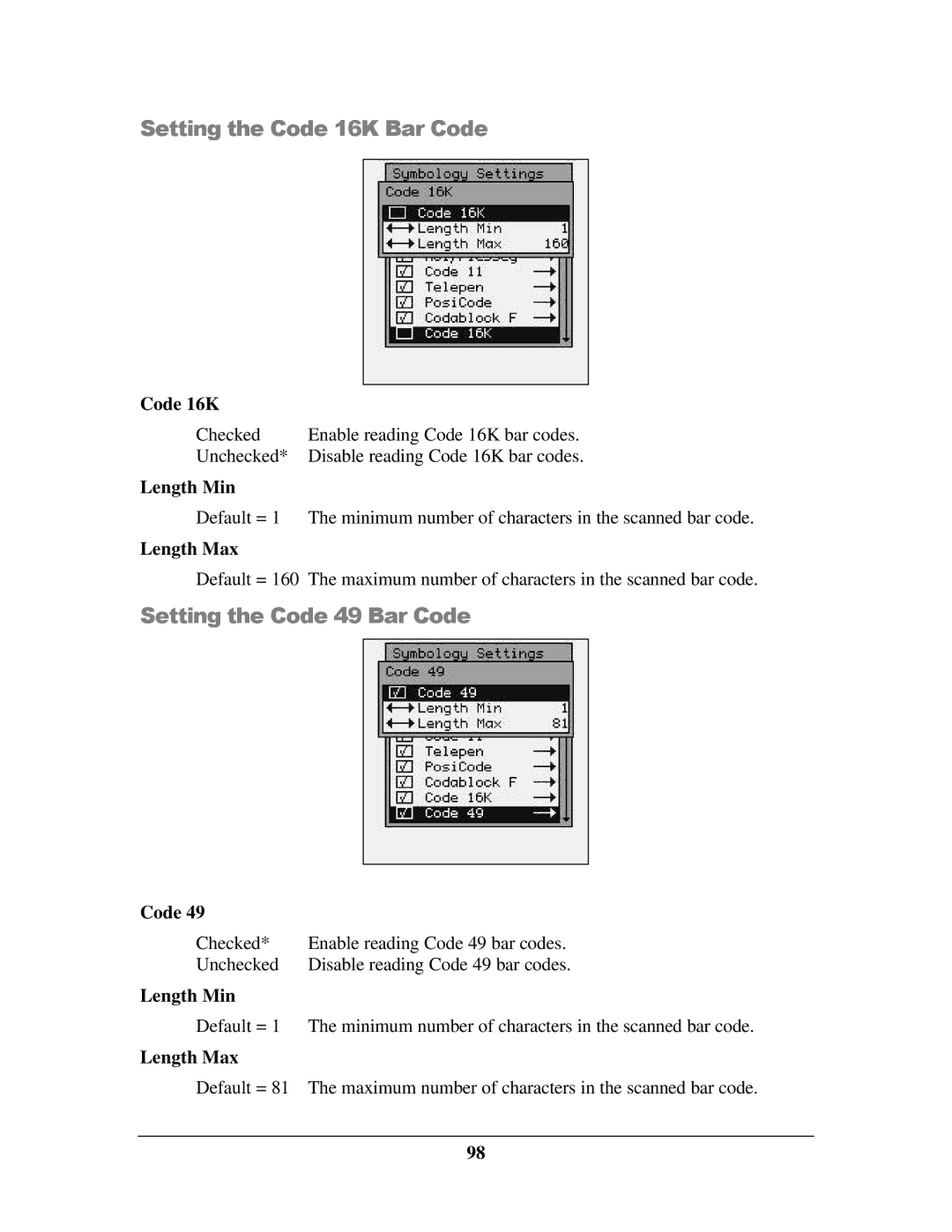 IBM M71V2 manual Setting the Code 16K Bar Code, Setting the Code 49 Bar Code 