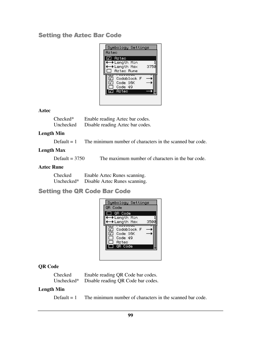 IBM M71V2 manual Setting the Aztec Bar Code, Setting the QR Code Bar Code, Aztec Rune 