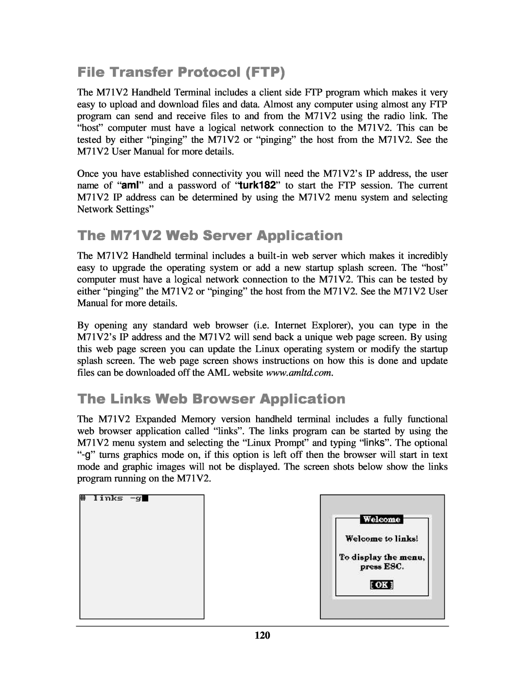 IBM manual File Transfer Protocol FTP, The M71V2 Web Server Application, The Links Web Browser Application 