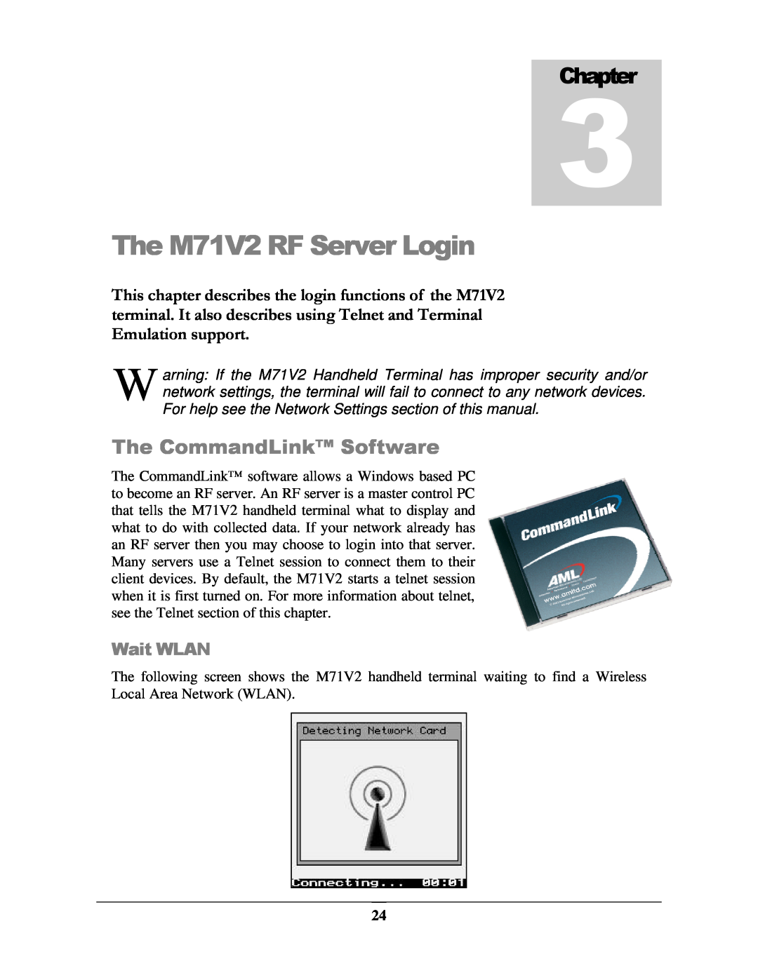 IBM manual The M71V2 RF Server Login, The CommandLink Software, Wait WLAN, Chapter 