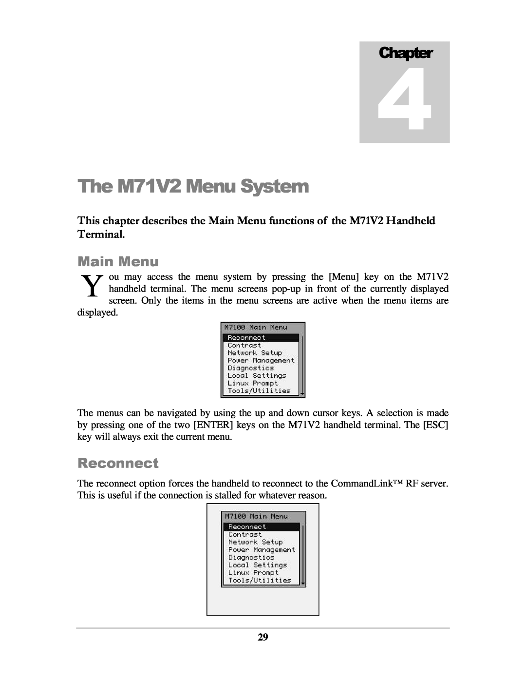 IBM manual The M71V2 Menu System, Main Menu, Reconnect, Chapter 