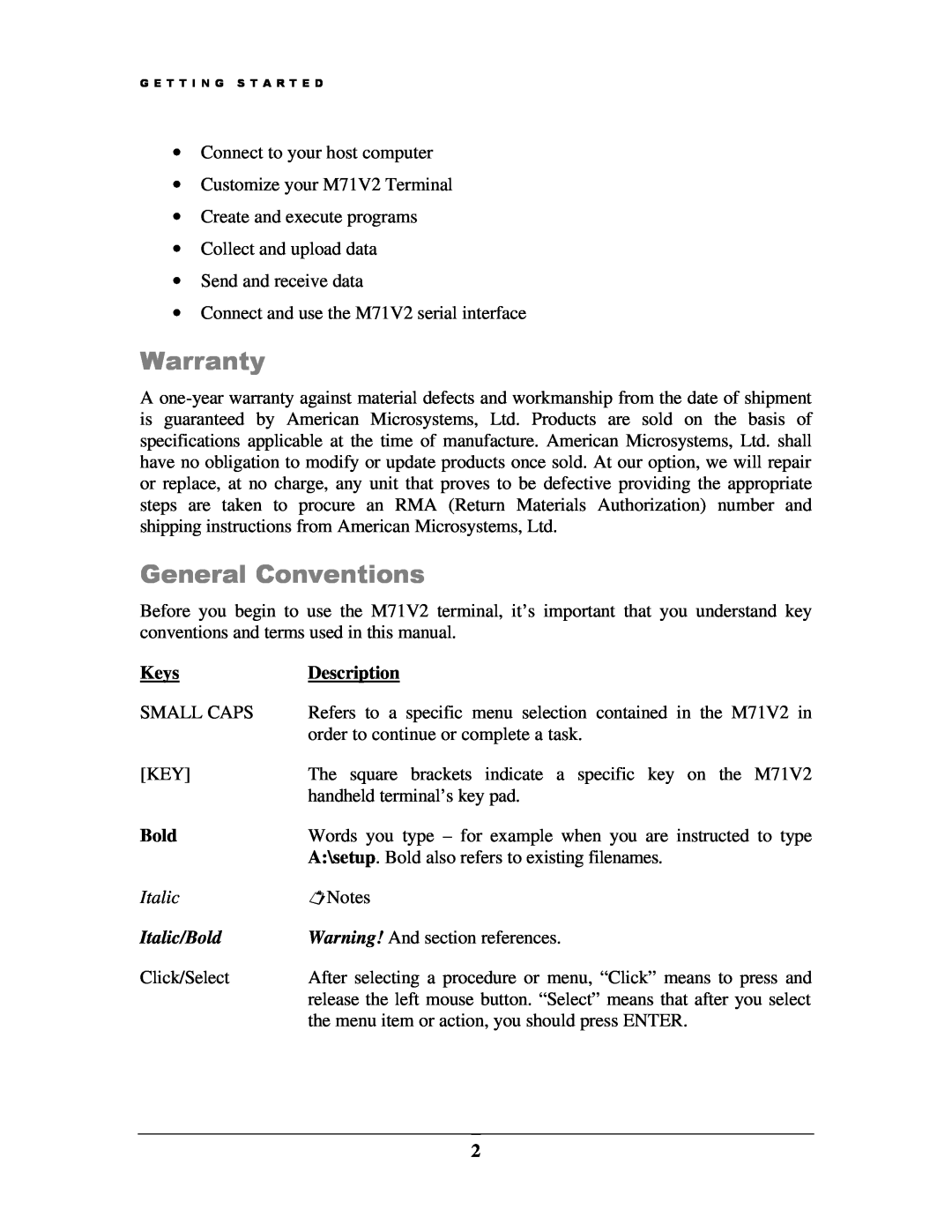 IBM M71V2 manual Warranty, General Conventions, Keys, Description, Italic/Bold 