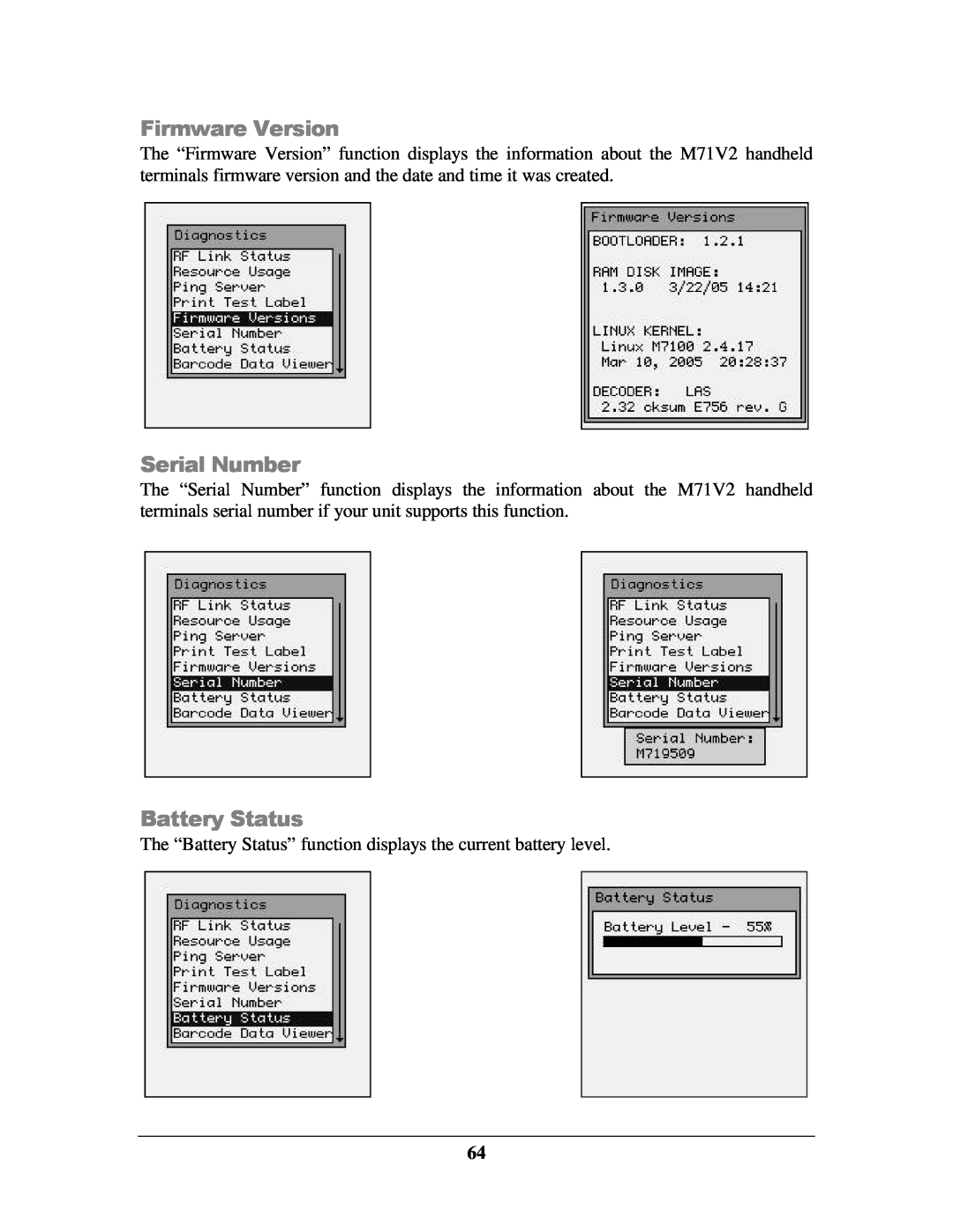 IBM M71V2 manual Firmware Version, Serial Number, Battery Status 
