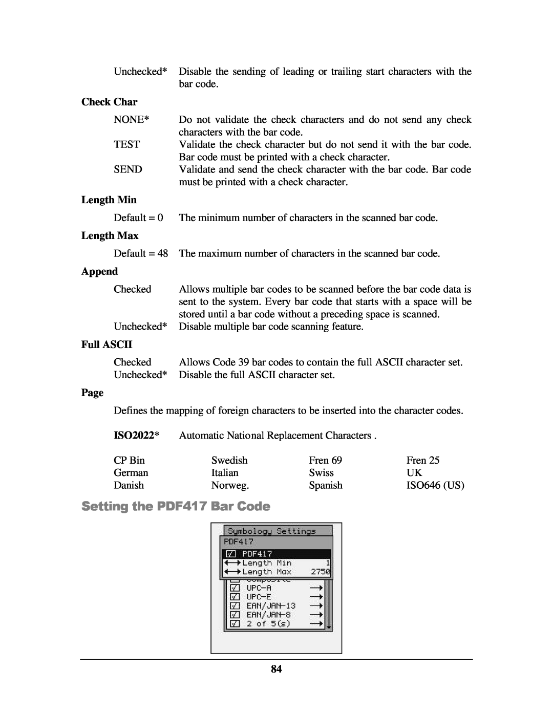 IBM M71V2 manual Setting the PDF417 Bar Code, Check Char, Length Min, Length Max, Append, Full ASCII, Page 