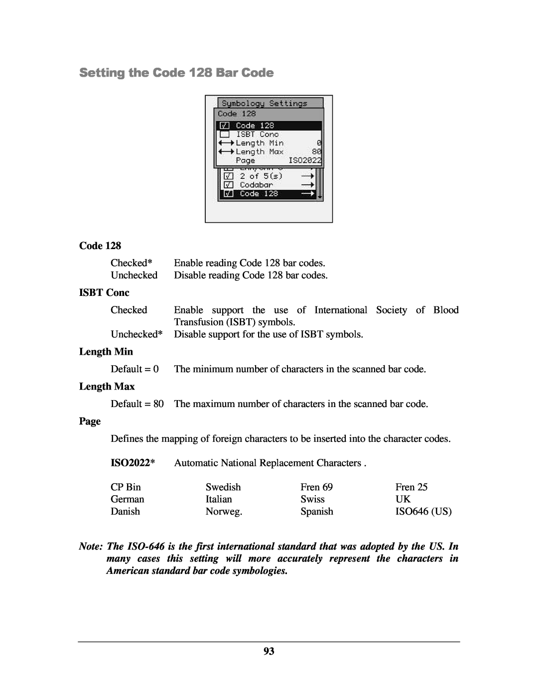 IBM M71V2 manual Setting the Code 128 Bar Code, ISBT Conc, Length Min, Length Max, Page 
