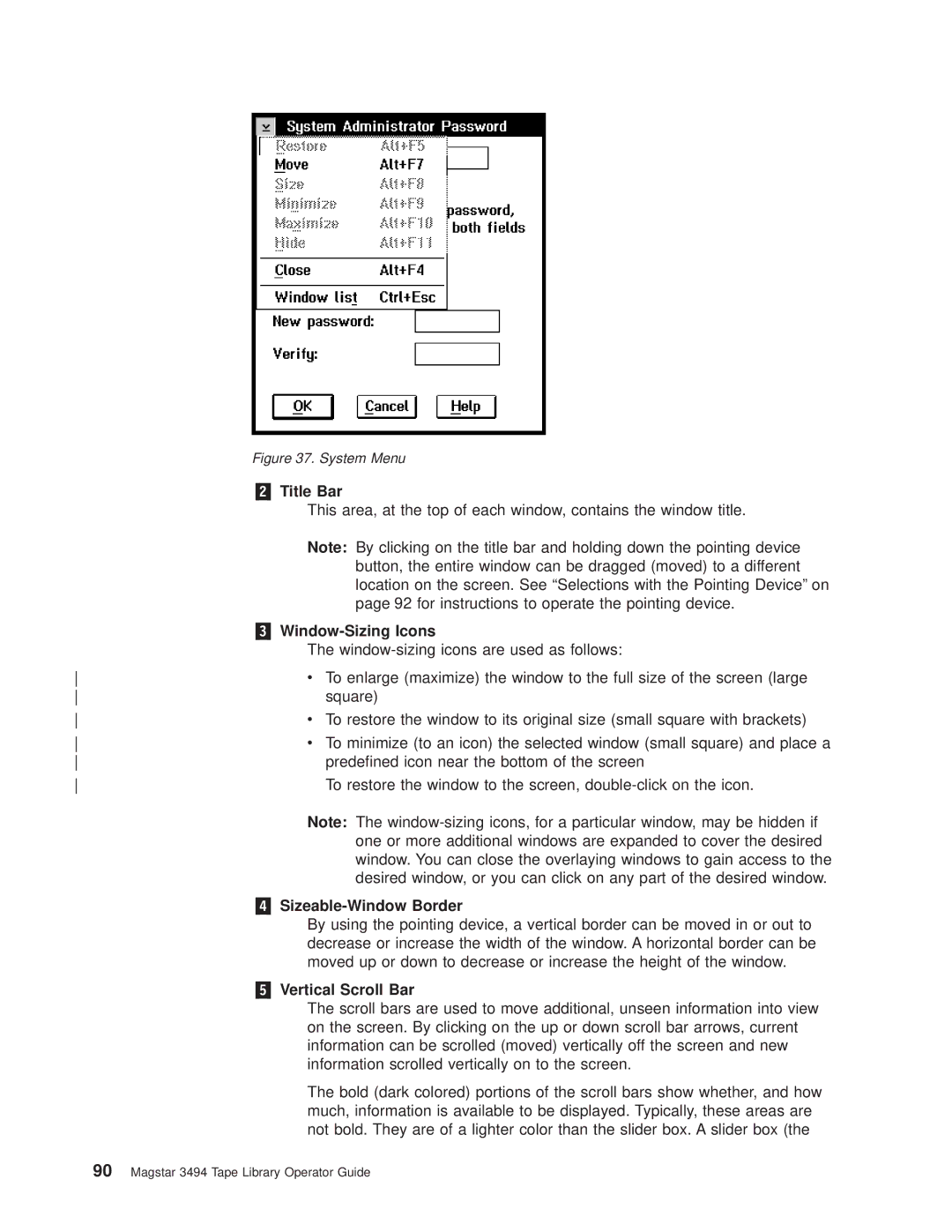 IBM Magstar 3494 manual „2… Title Bar, „3… Window-Sizing Icons, „4… Sizeable-Window Border, „5… Vertical Scroll Bar 