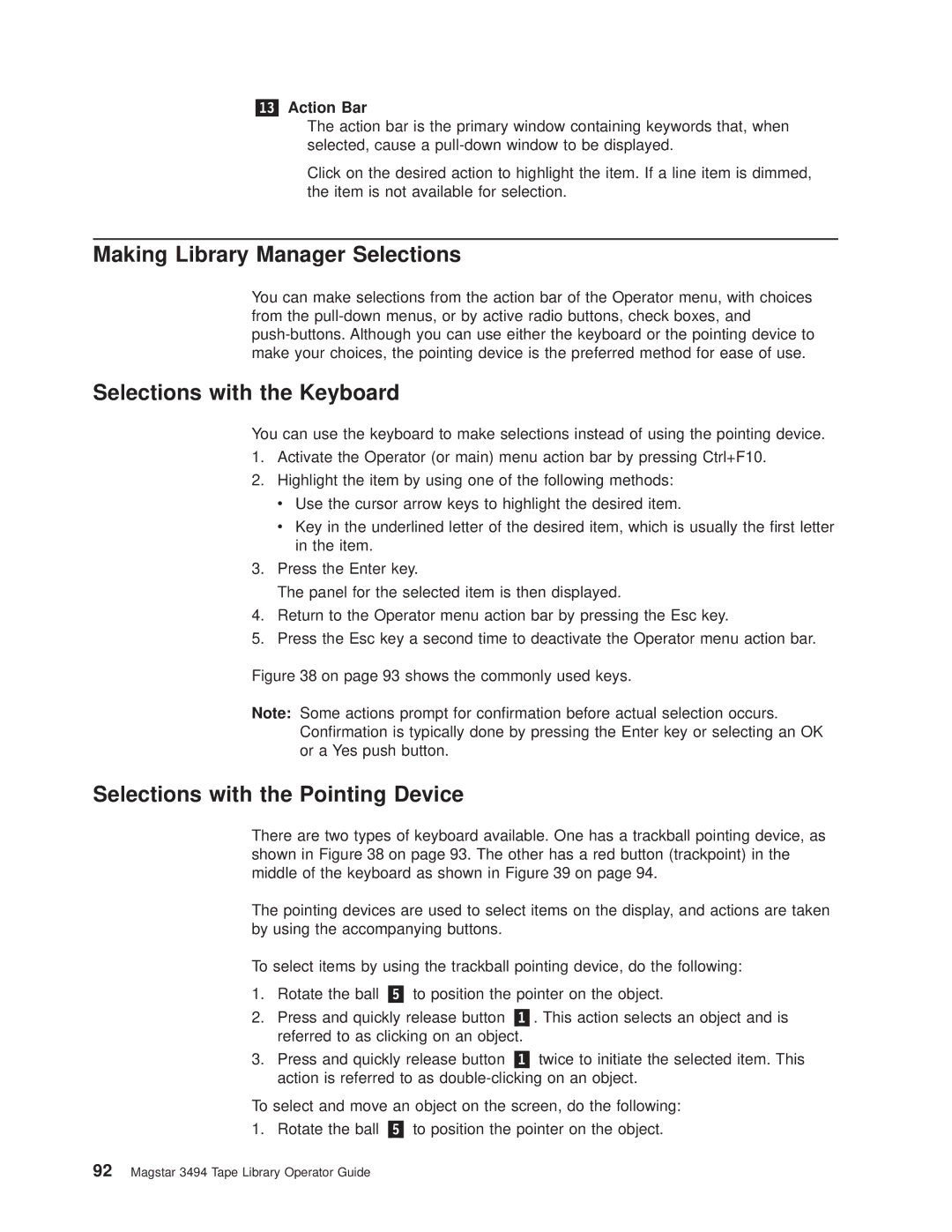 IBM Magstar 3494 Making Library Manager Selections, Selections with the Keyboard, Selections with the Pointing Device 