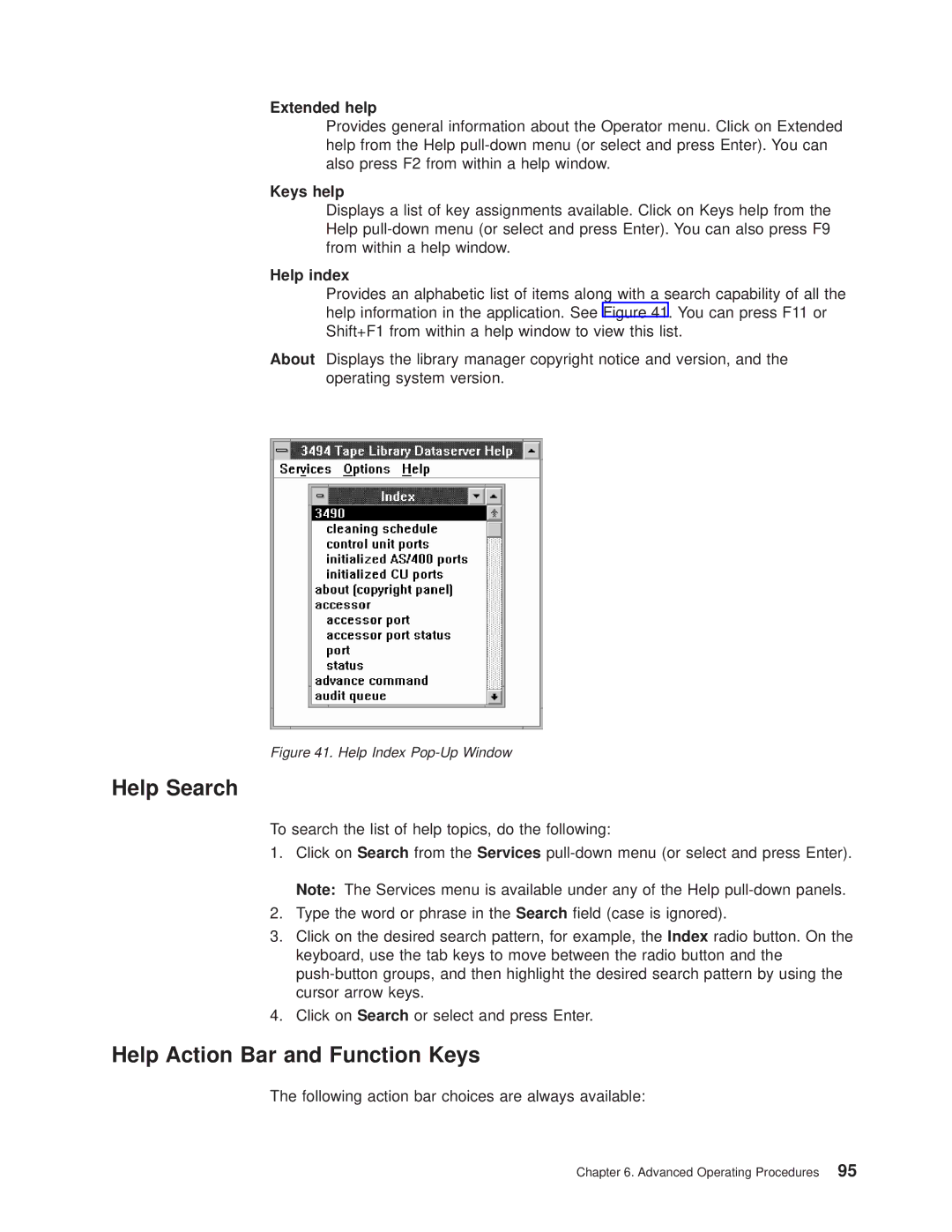 IBM Magstar 3494 manual Help Search, Help Action Bar and Function Keys, Extended help, Keys help, Help index 