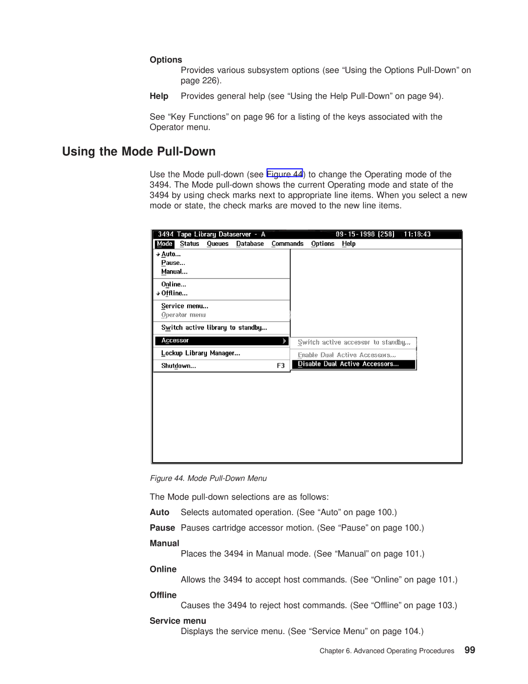 IBM Magstar 3494 manual Using the Mode Pull-Down, Manual, Online, Offline, Service menu 