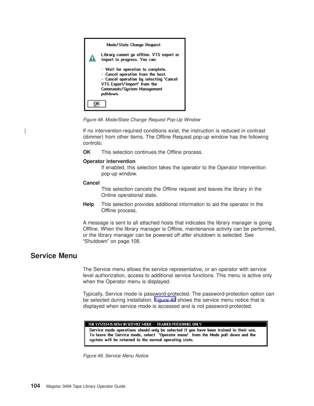 IBM Magstar 3494 manual Service Menu, Operator intervention, Cancel, Help 