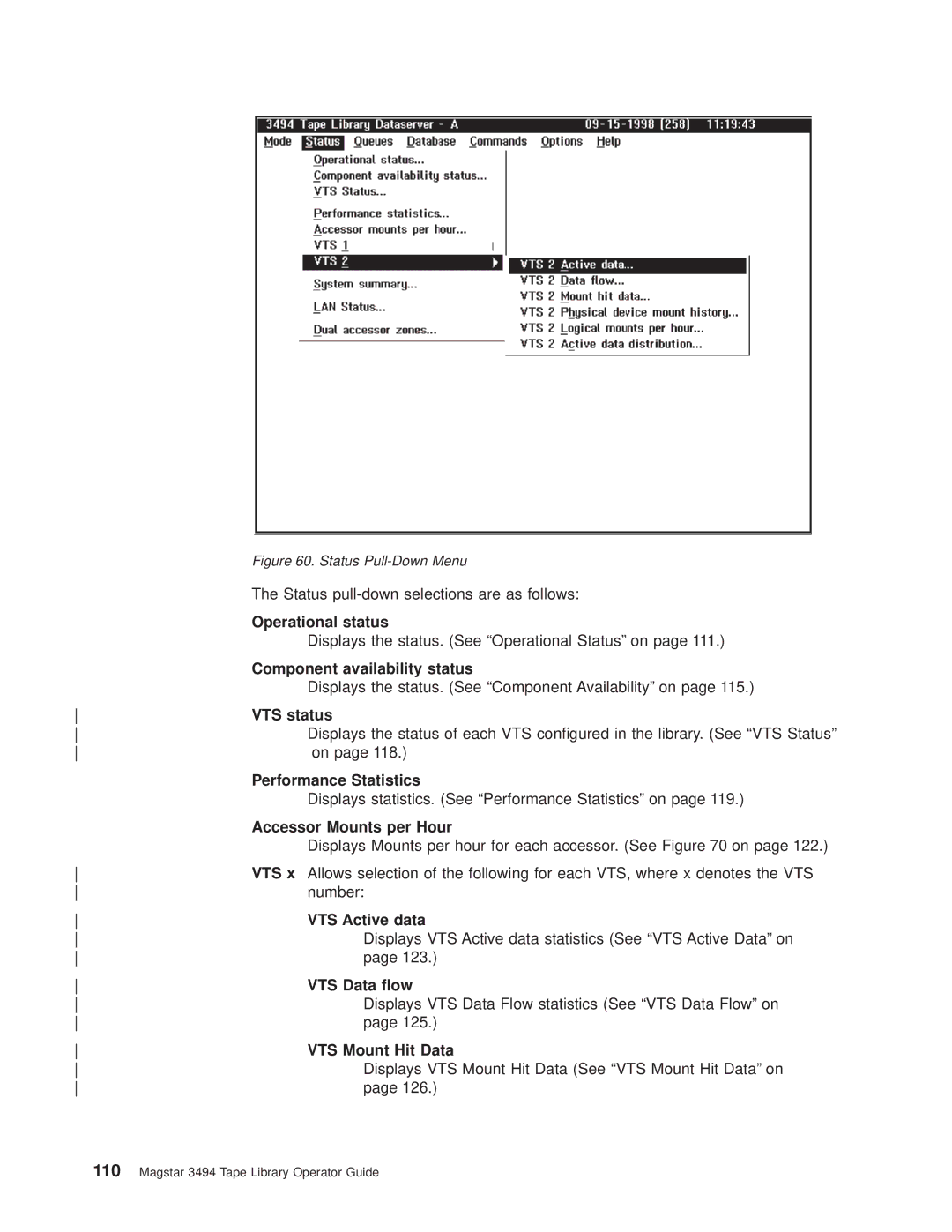 IBM Magstar 3494 Operational status, Component availability status, VTS status, Performance Statistics, VTS Active data 