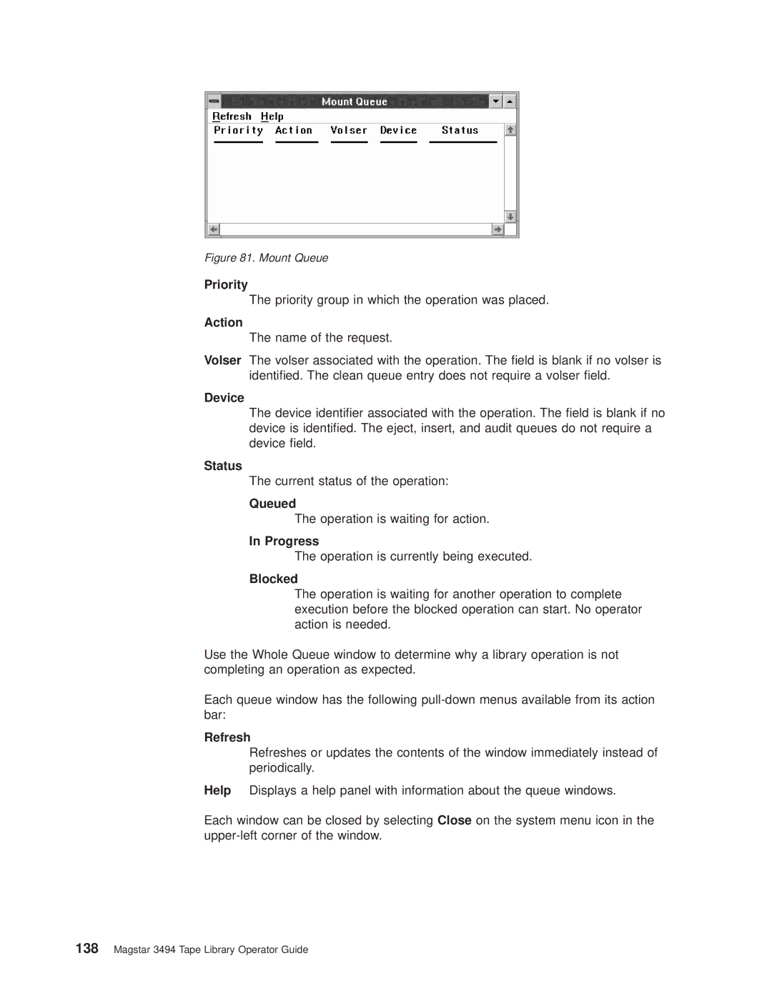 IBM Magstar 3494 manual Priority, Action, Device, Queued, Progress, Blocked 