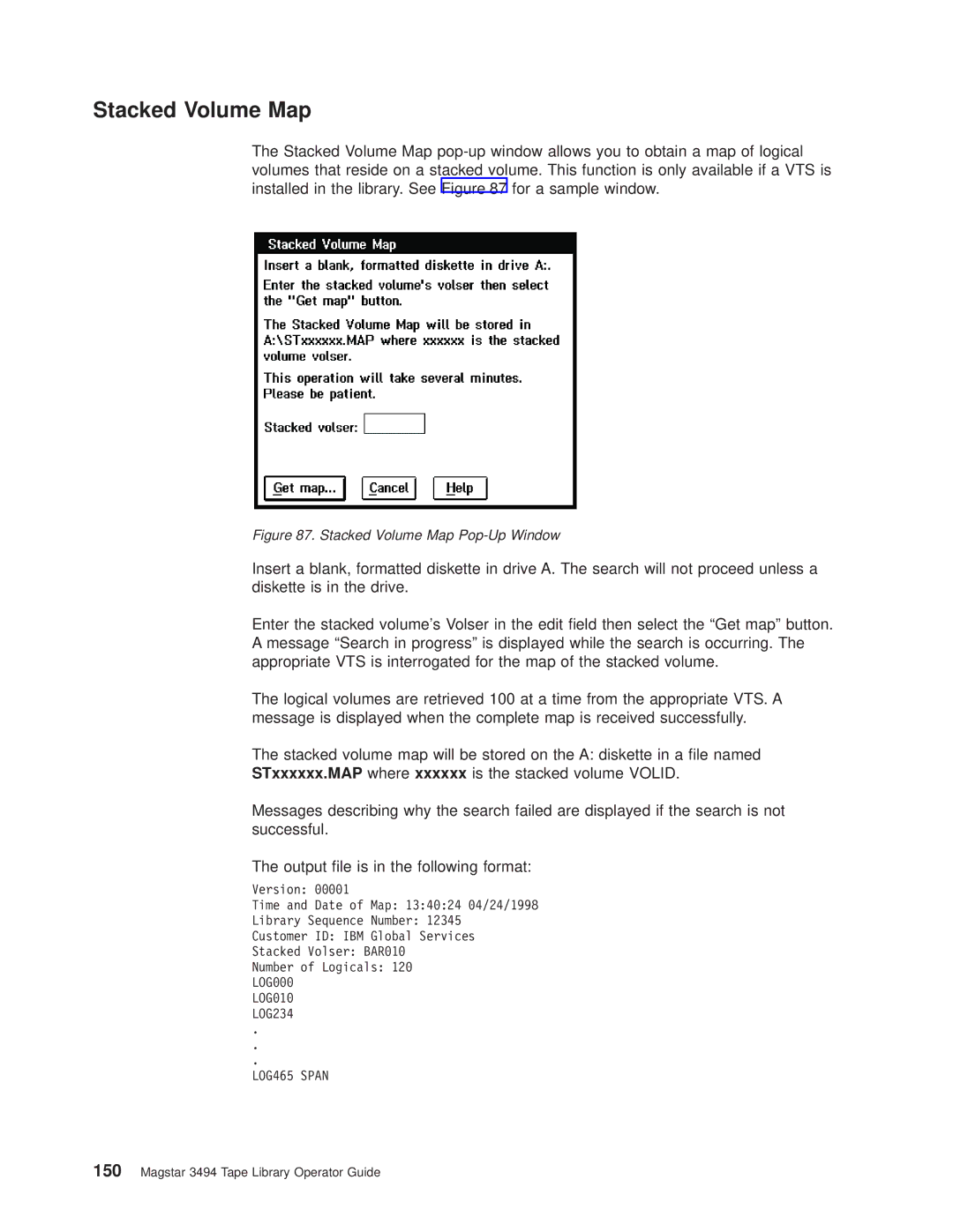 IBM Magstar 3494 manual Stacked Volume Map Pop-Up Window 