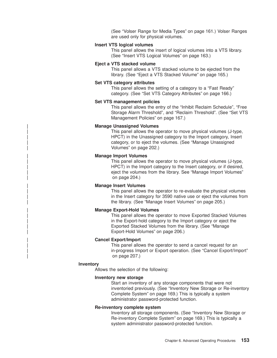 IBM Magstar 3494 Insert VTS logical volumes, Eject a VTS stacked volume, Set VTS category attributes, Cancel Export/Import 