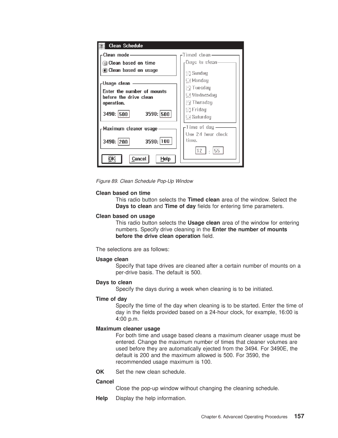 IBM Magstar 3494 Clean based on time, Clean based on usage, Usage clean, Days to clean, Time of day, Maximum cleaner usage 